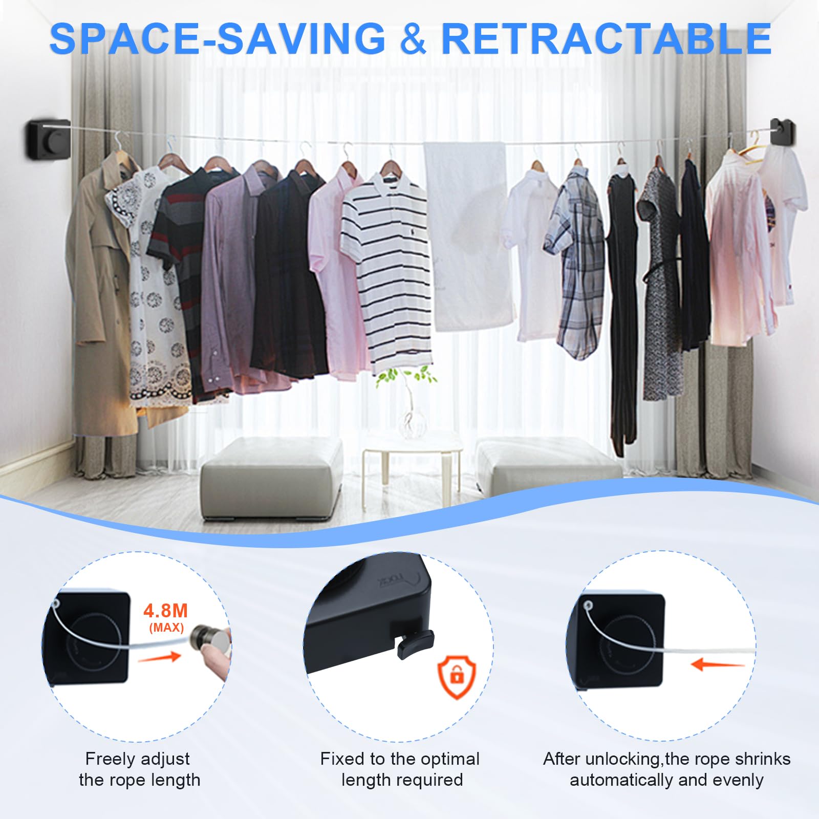 oupados Corde à linge extensible en acier inoxydable de 4,8 m - Sans suspension - Rétractable - Fixation murale - Pour balcon, hôtel, buanderie