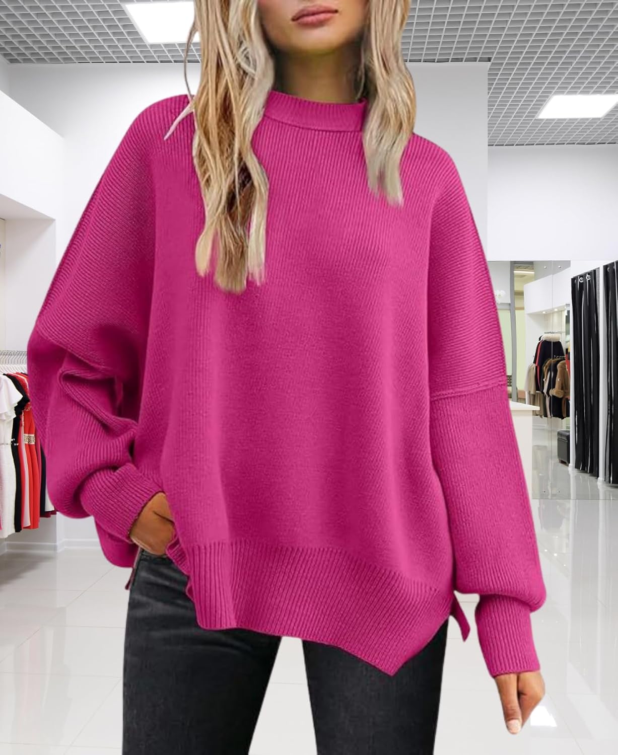 LIZALIG Women's Oversized Batwing Casual Sweaters Fall Outfits Knit Side Slit Fashion Crewneck Pullover Batwing Tops - Image 6
