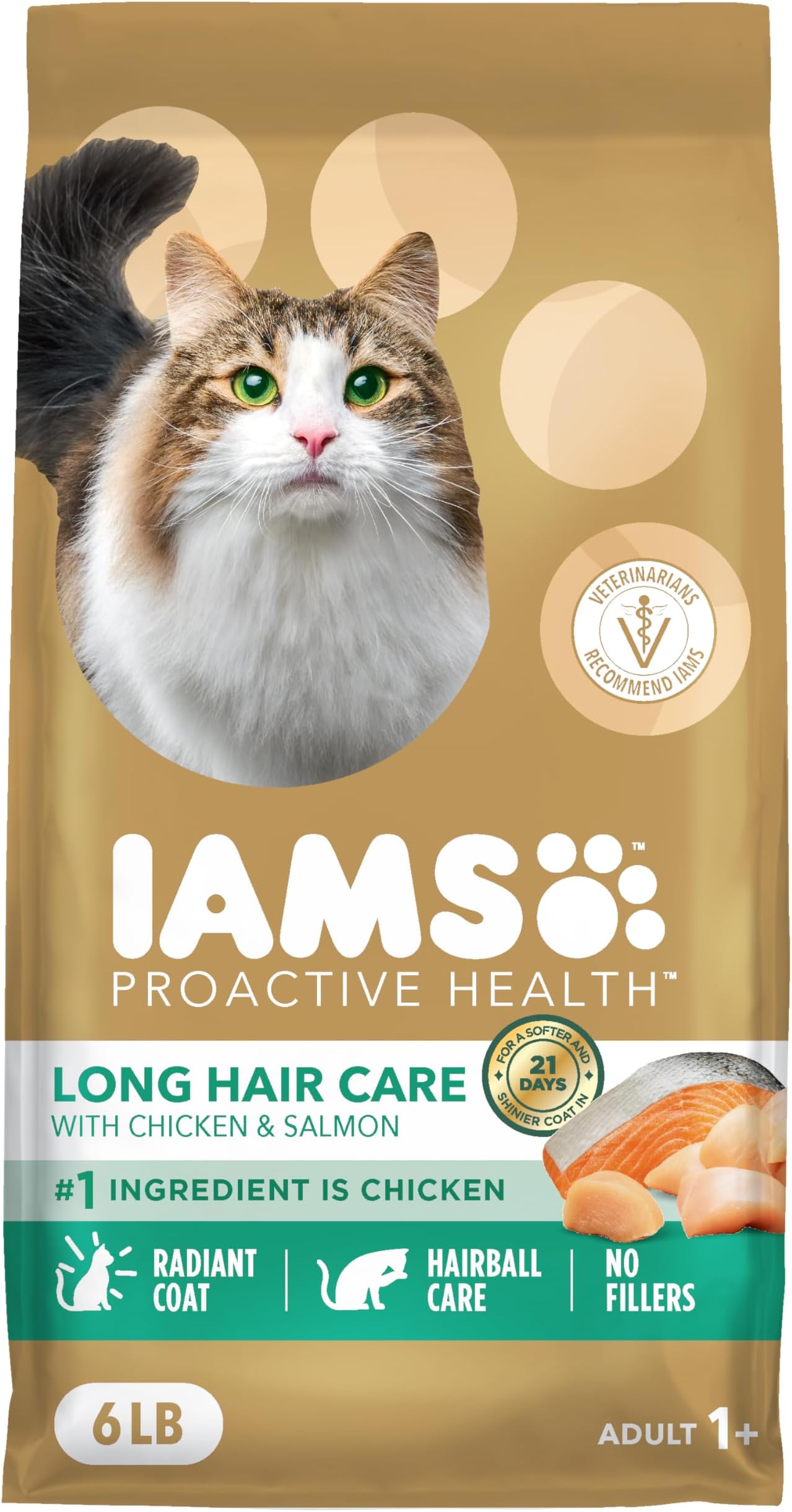 IAMS Proactive Health Long Hair Care Dry Cat Food, Adult Cat Food Dry Recipe with Real Chicken, 6 lb. Bag