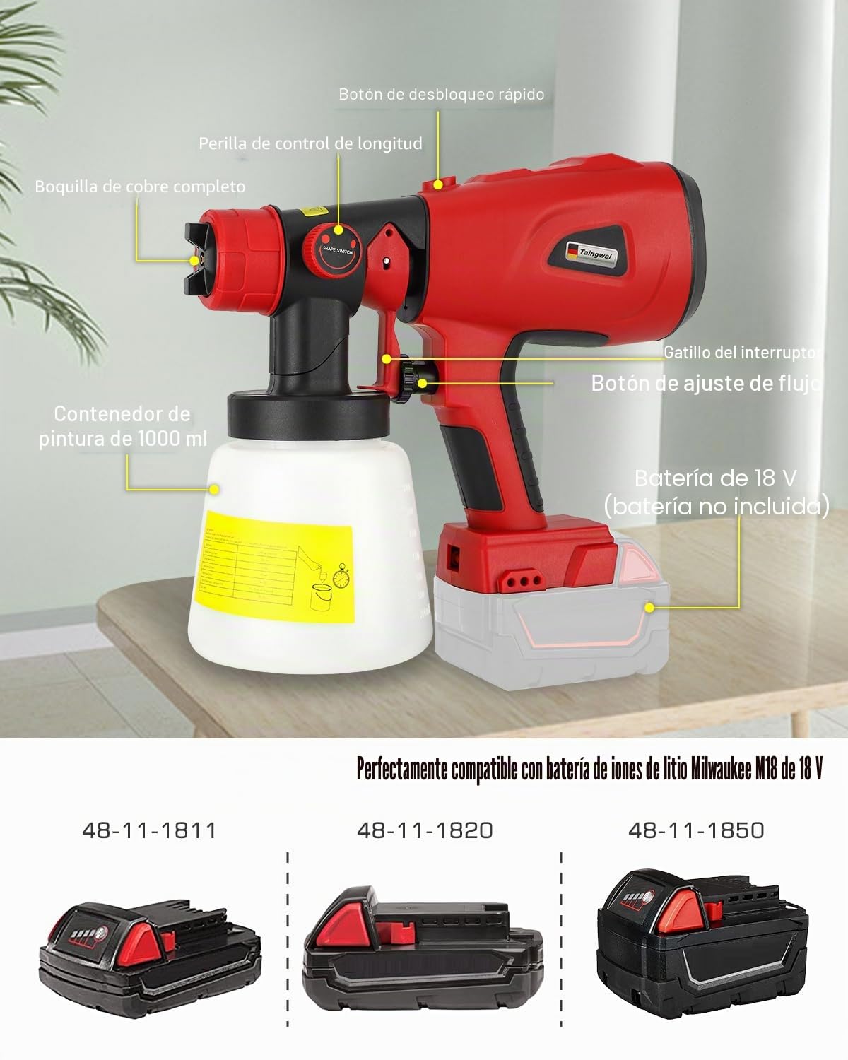 Pulverizador de pintura inalámbrico para Milwaukee M18 batería de 18 V, pistola pulverizadora de pintura HVLP de 200 W con motor sin escobillas para armarios, coches, paredes, muebles, pintura de casa