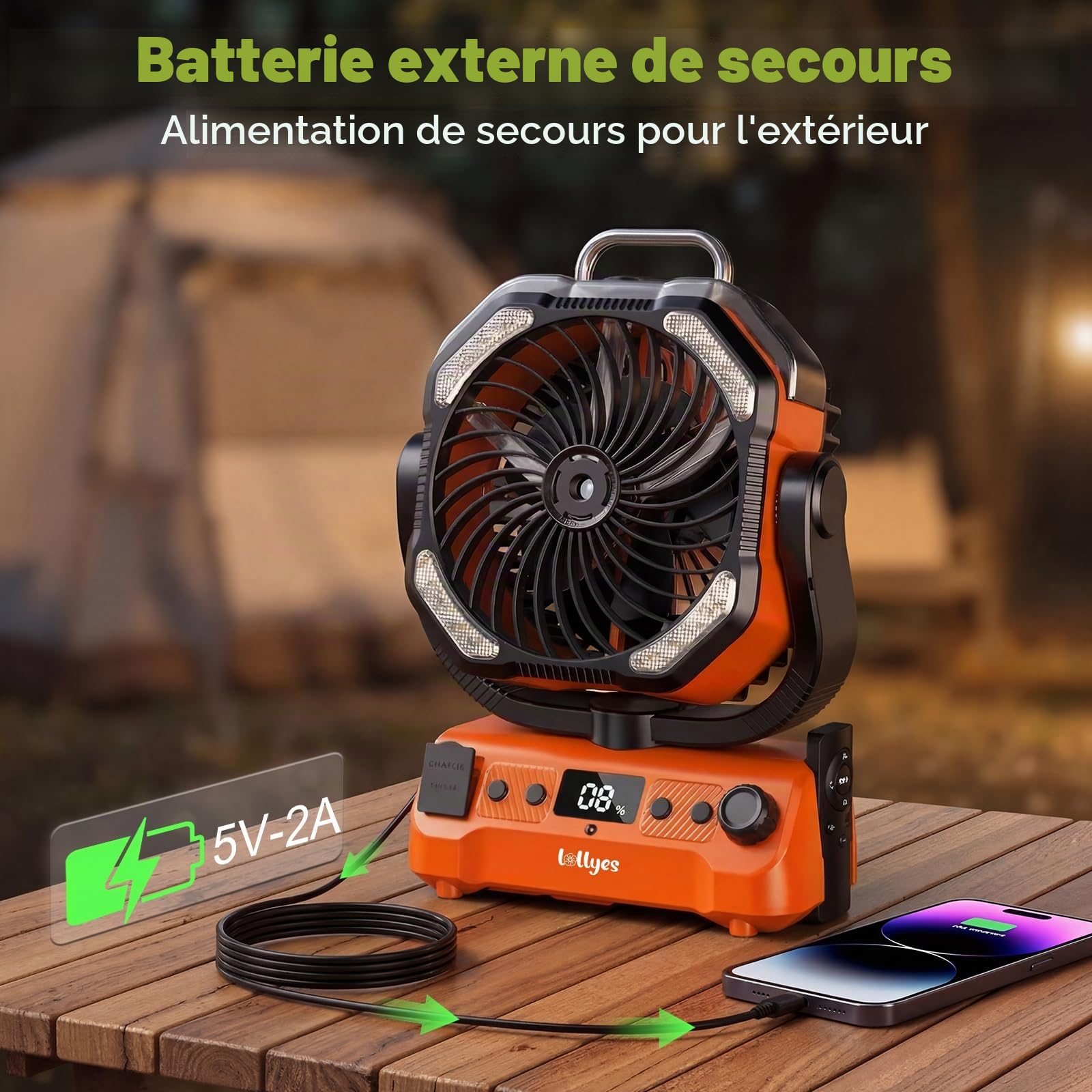 Lolleys Ventilateur Brumisateur de Camping 20000mAh, Ventilateur Portable Rechargeable avec Télécommande, Double Moteur, Crochet 360°, Vitesse Variable pour Extérieur Pêche Camping-car Plage, Orange