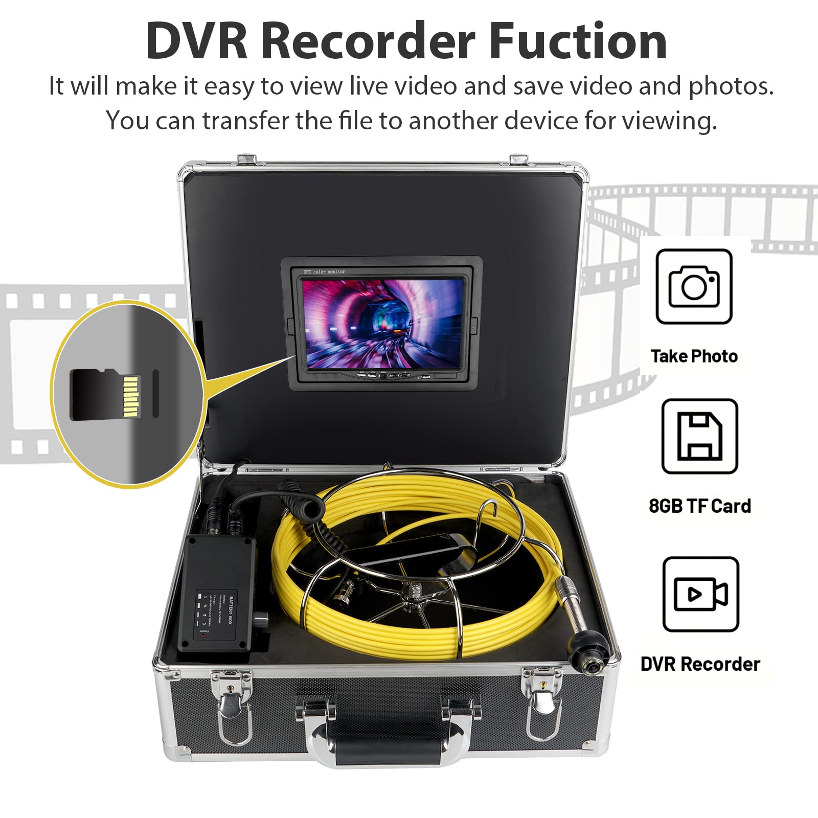 KAOLALI Cámara Endoscópica 50M con DVR, Cámara Inspección Tuberias de 7 Pulgadas, Cámaras para Boroscopio IP68 Impermeable Cámaras de Inspección ángulo de 110° con 6 Lámparas LED, SD 8 GB