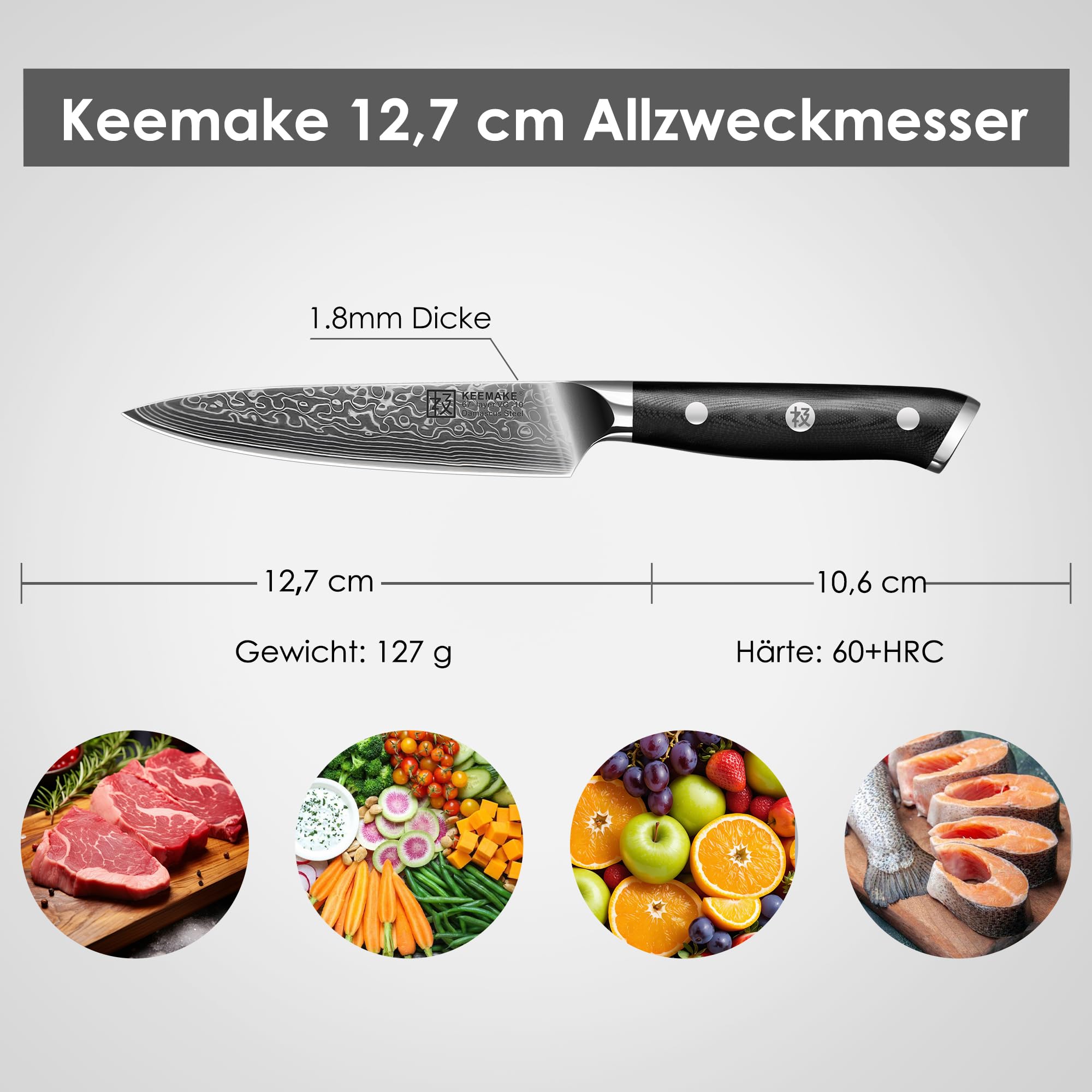 KEEMAKE 13cm Allzweckmesser – Profi Küchenmesser aus 67 Lagen VG-10 Damaststahl, Extrem Scharfes Gemüsemesser & Fleischmesser, ergonomischer G10 Griff. für Haushalt, Gastronomie, Vatertagsgeschenk