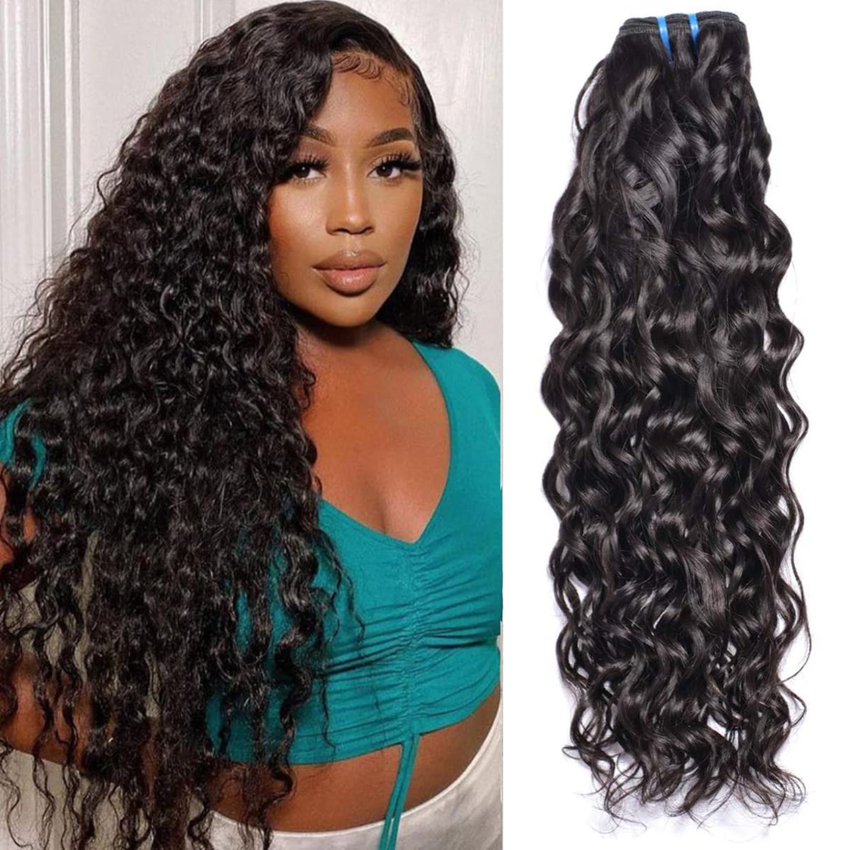 MSGEM Water Wave Human Hair One Bundle Brazilian 10A Virgin Hair Weave 14 inch Wet and Wavy Remy Human Hair Bundles Water Wave Hair Natural Black Color