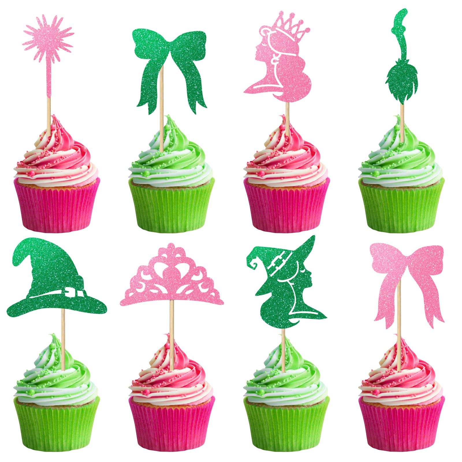 24PCS Pink and Green Cake Cupcake Toppers Decorations Princess and Witch Themed Cupcake Toppers Witch Hat Crown Bow Cakes Food Safe Cake Decorations for Halloween Witchs Themed Birthday Party Supplies