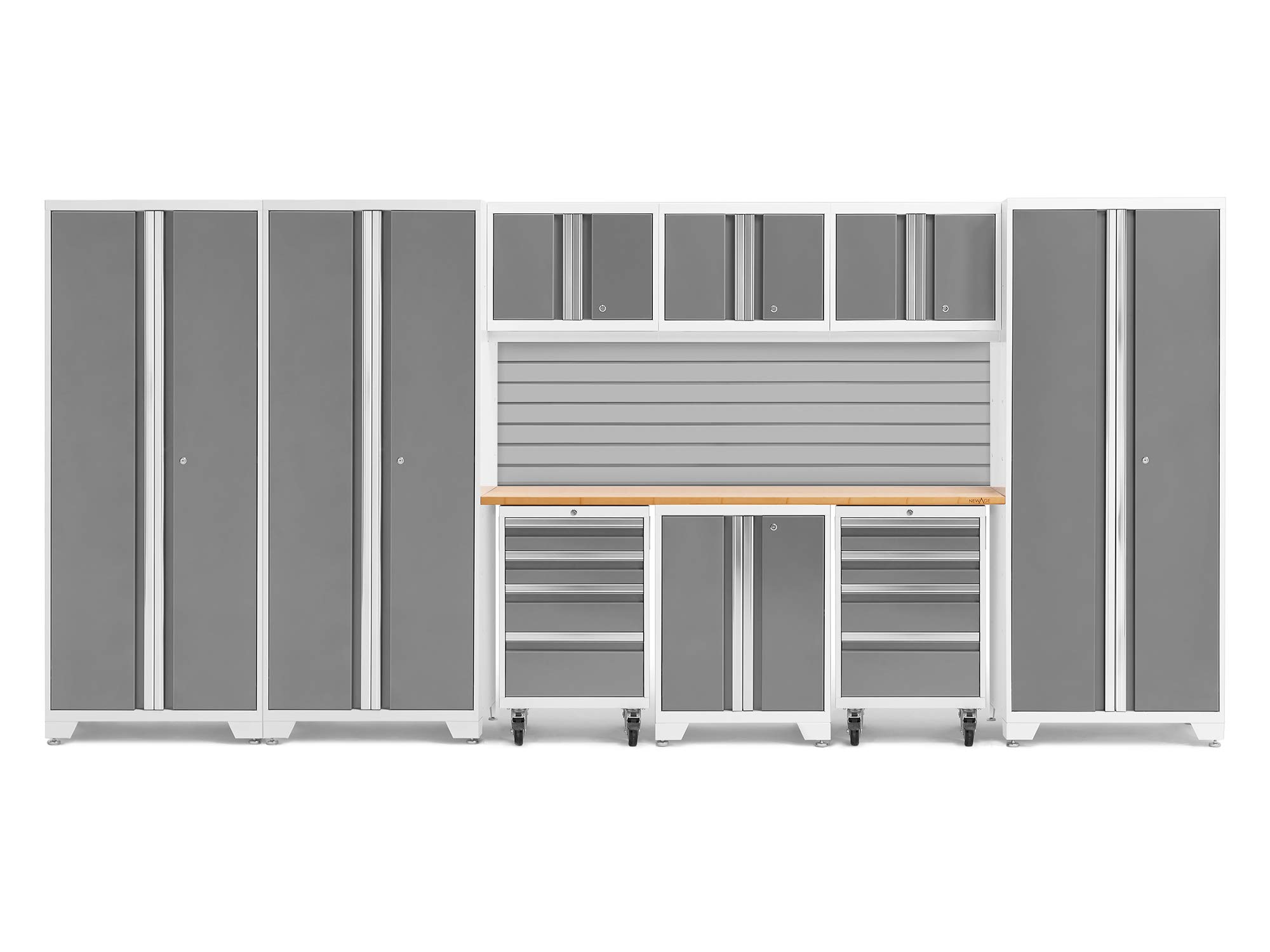 NewAge Products White Bold Series 10PC Garage Cabinetry Set · 24-Gauge Steel · Fully Welded · 162" W x 18" D x 76.75" H, 56980