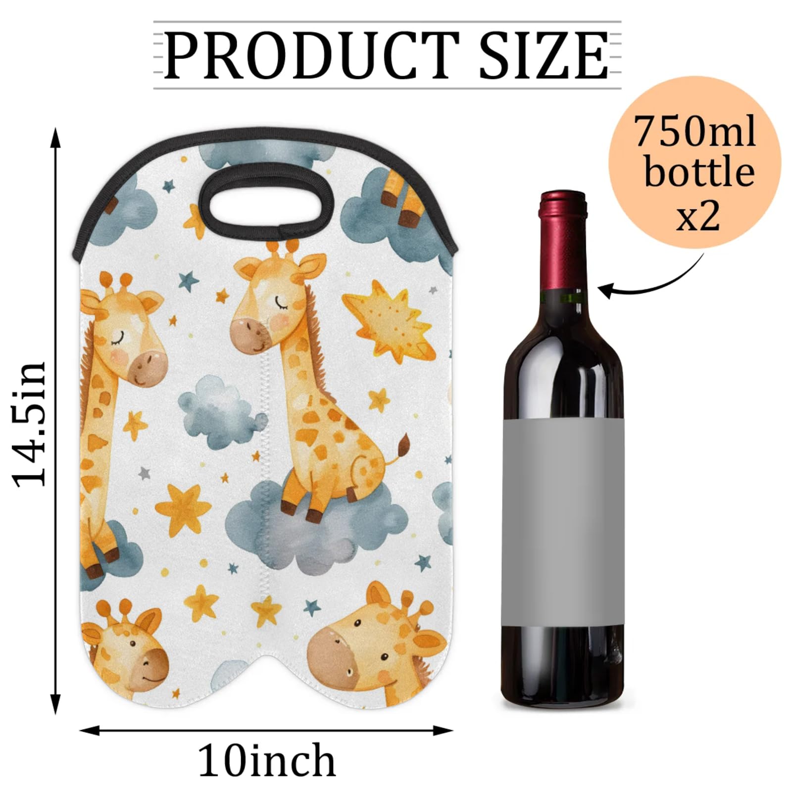 GzLeyigou 2 Bottles Giraffe Cute Wine Bag Sleeve Totes Neoprene Protective Wine Carrier Bag for Wine,Water, Champagne, Beer, Baby Bottles,Gift 14.5 x 10 Inches