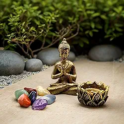 Combo Estátua Buda + incensário Castiçal + Pedras dos 7 Chakras kit promocional