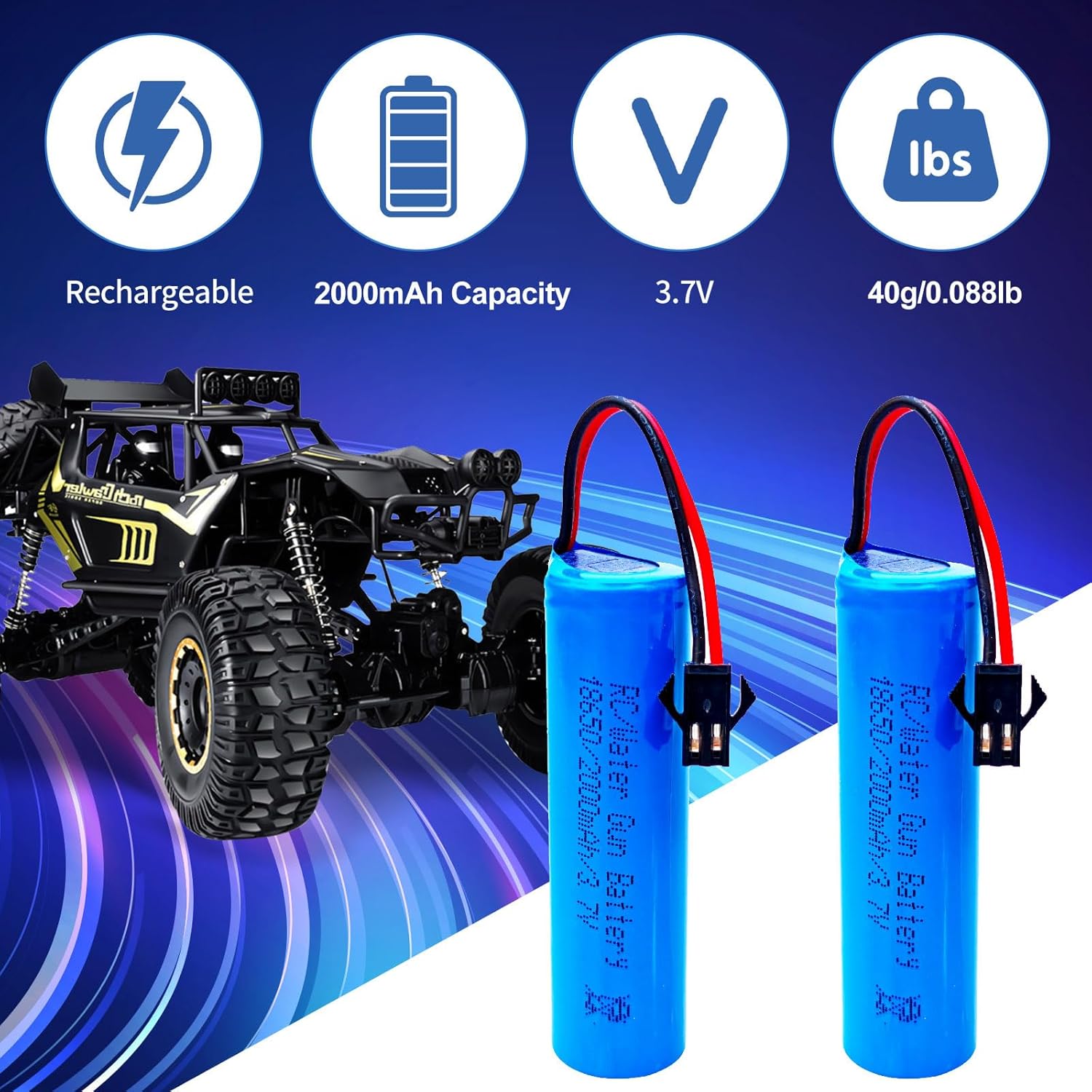 2 PACK 3.7V 2000mAh ( 3.7v 1200mah battery upgrade) Li-ion Rechargeable Batteries SM-2P Plug with USB Charge Cable for for Remote Control Monster Truck Off-Road Vehicle Racing Remote Control Car