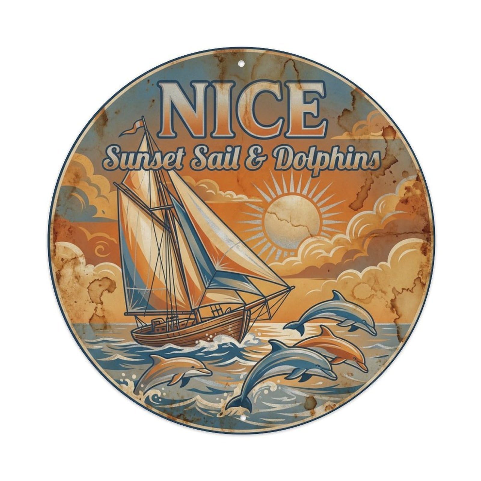 Nice Sunset Sail Dolphins Route Travel Retro Coastal Metal Tin Sign