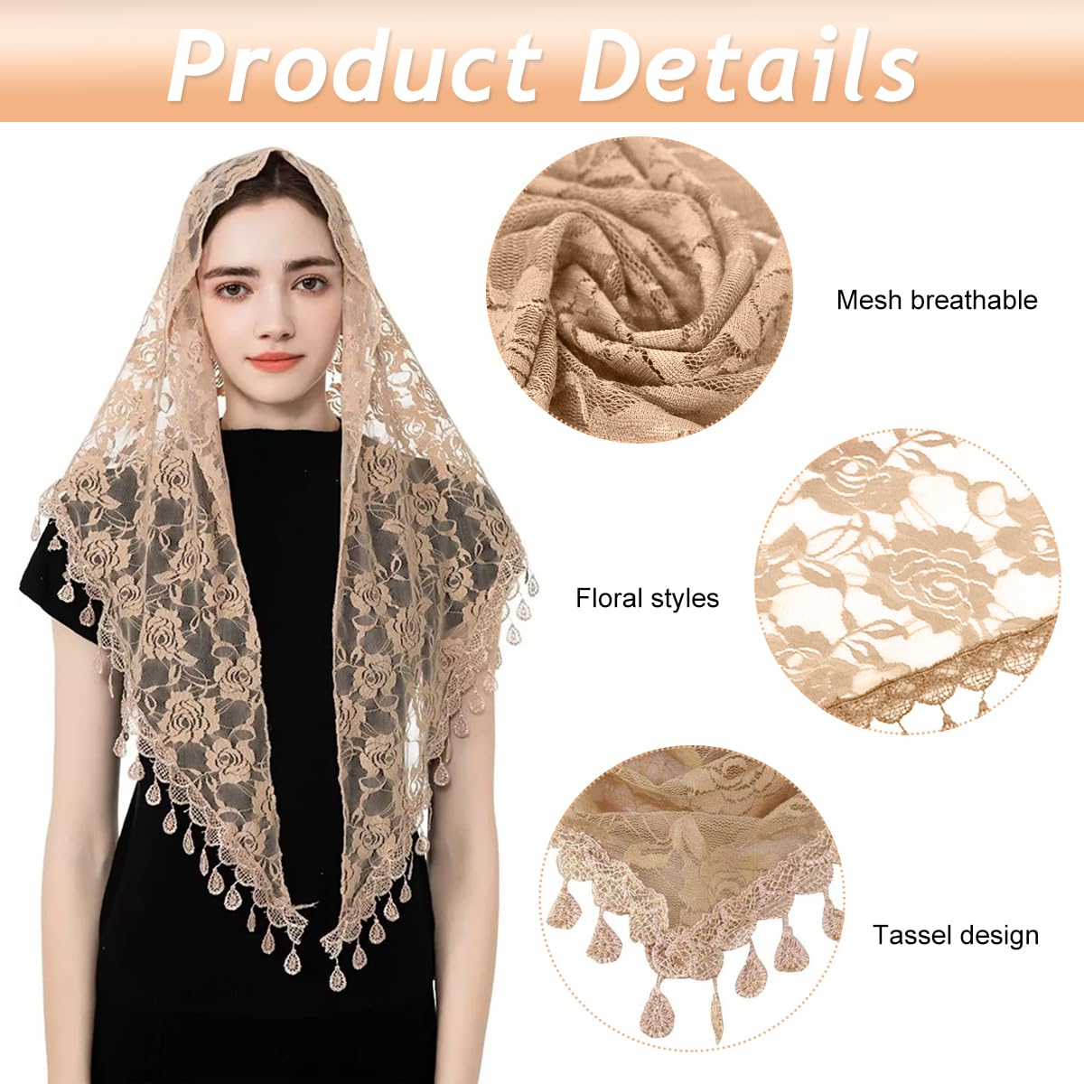 PALAY Lace Mantilla Triangle Veil for Church, Tassel Scarf, Brown 1
