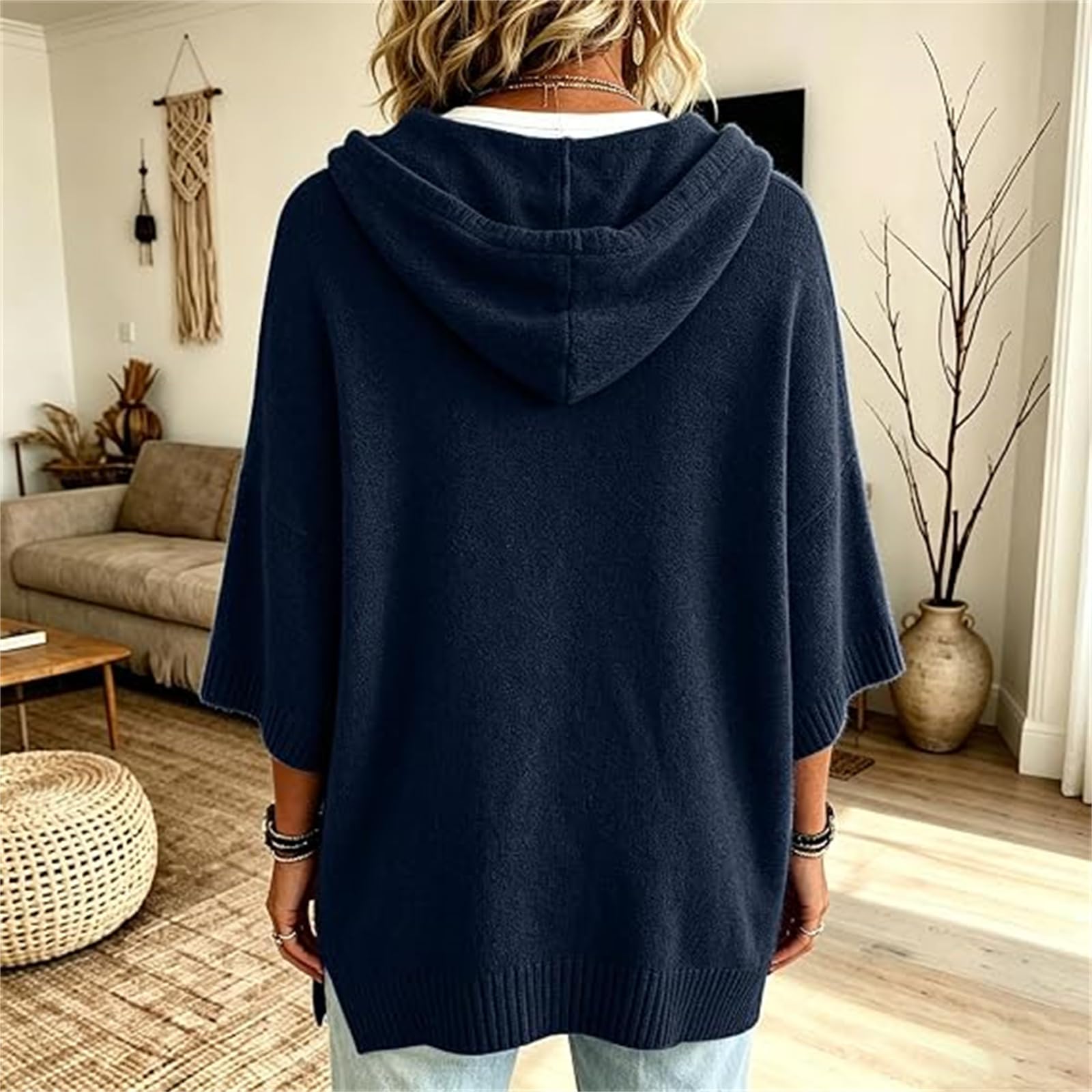 Pull à Capuche en Maille pour Femme, Manches 3/4 et Cordon de Serrage
