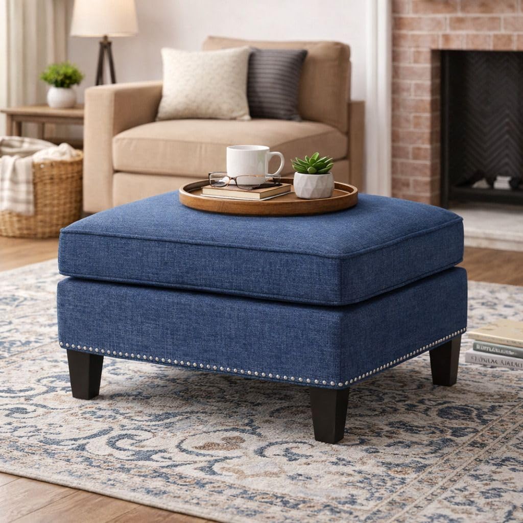 Premium Upholstered Square Ottoman Stool with Padded Cushion, Wooden Legs – Multipurpose Footrest, Coffee Table & Extra Seating for Living Room, Color: Blue-image-13