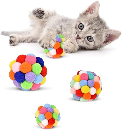 TUSATIY Pelotas de juguete para gatos con campana, 3 unidades, coloridas bolas suaves y peludas con campana integrada para gatos, juguetes