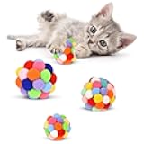 TUSATIY Cat Toy Balls with Bell 3PCS, Colorful Soft Fuzzy Balls Built-in Bell for Cats, Interactive Playing Chewing Toys for Indoor Cats and Kittens