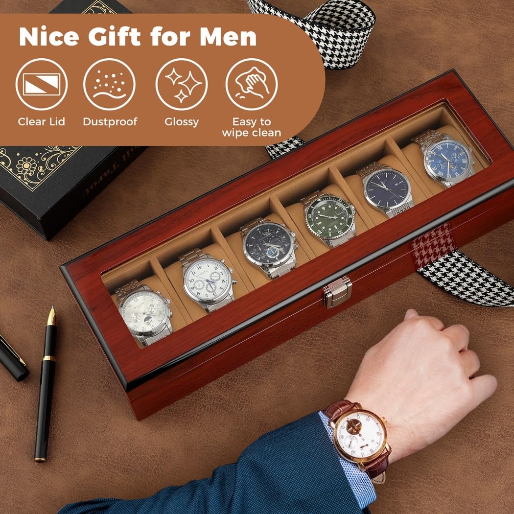 Caja de reloj de madera, organizador de relojes de 6 ranuras para hombre con parte superior de cristal, vitrina de madera lacada brillante, caja de regalo elegante para hombres, regalo del día