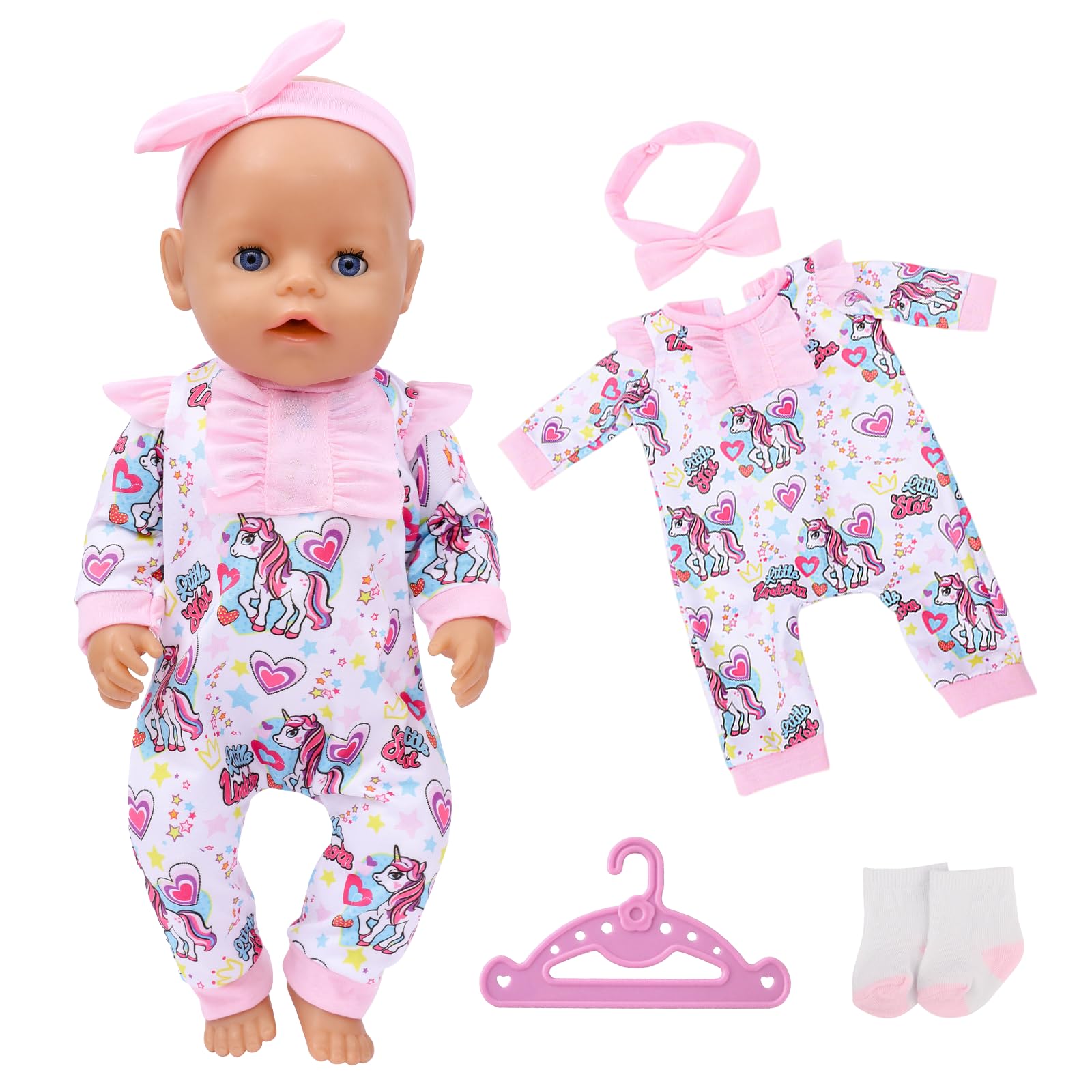 Puppenkleidung 43 cm Newborn Baby Puppen, Enthält Einteiliger Pyjama Schleife Stirnband Kleiderbügel Socken für 35-43cm Baby Puppen Mädchen (Puppe Nicht Enthalten)