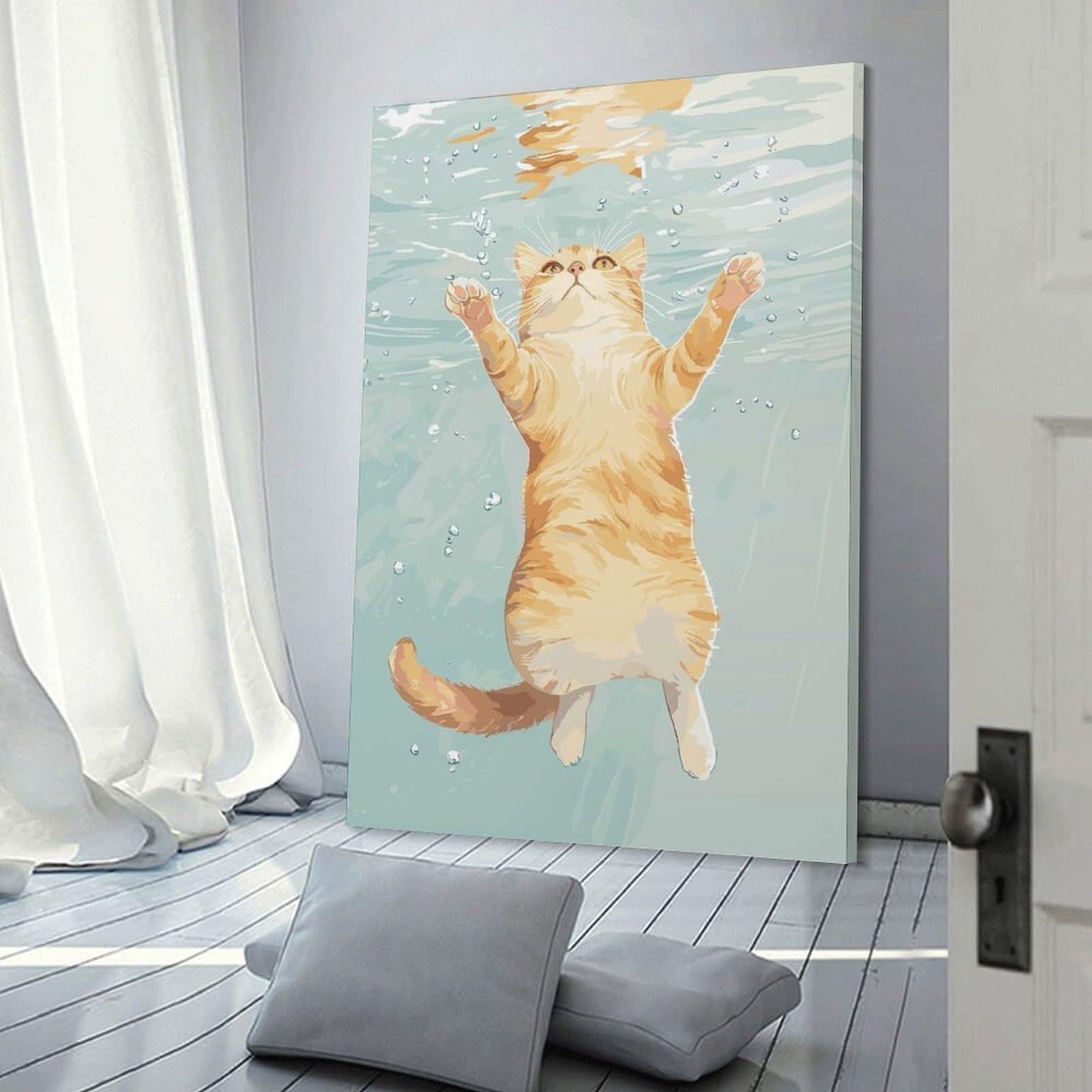 Junmoney Cat Swimming Underwater Illustration Wall Picture Print 20x30inch(50x75cm), for Corridors, Hallways Or Apartment Entries, Wall Decor to Refresh Empty Corners