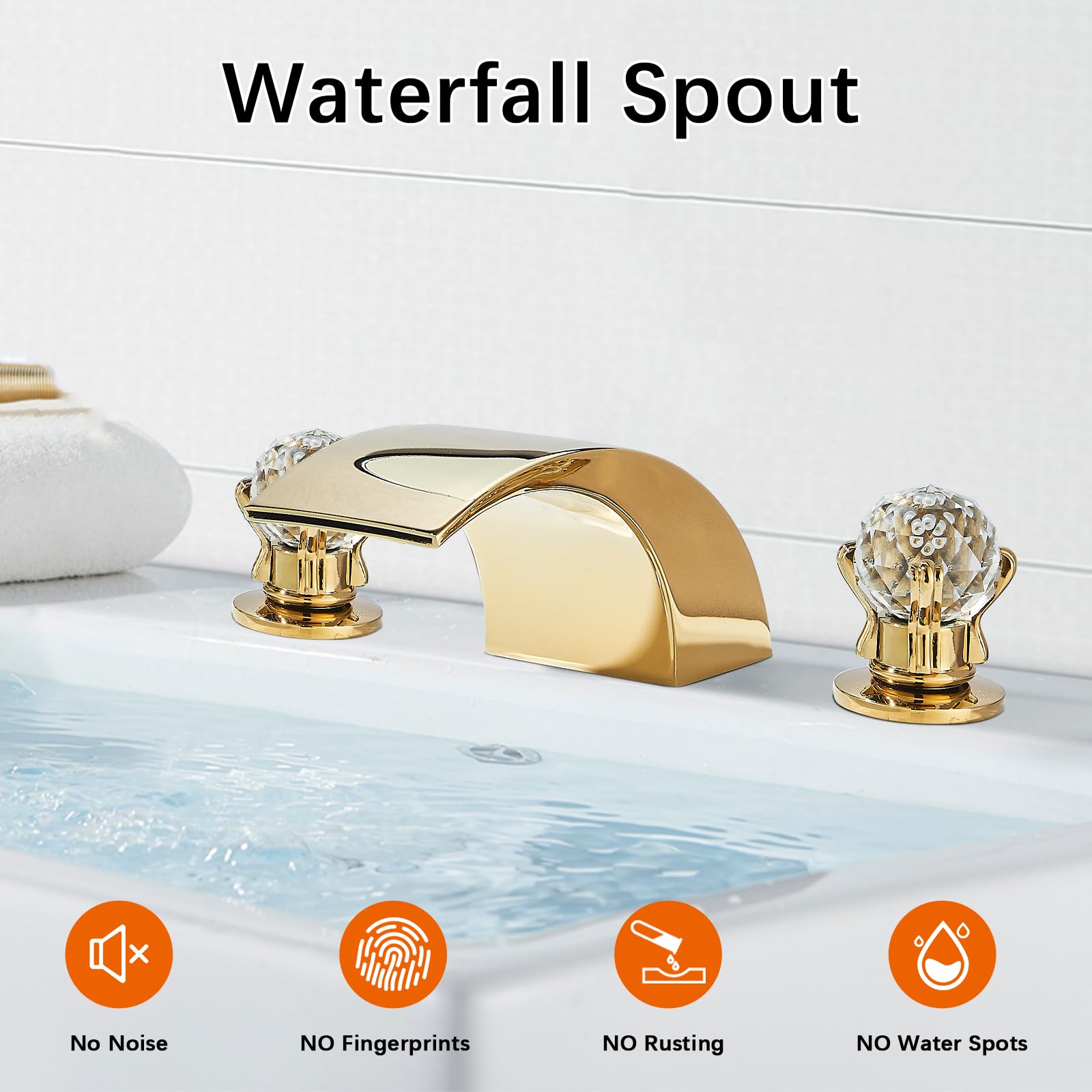 LED-Wasserhahn Goldfarben Fürs Badezimmer – Wasserfall-Armatur Mit Kristallknöpfen, Batterielos