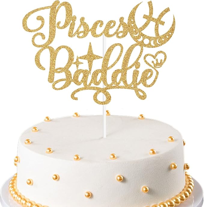 Pisces Baddie Cake Topper, Big Pisces Energy Cake Decor, It's Pisces Birthday, 12 Constellation Zodiac Themed Birthday Party Decorations - Gold Glitter