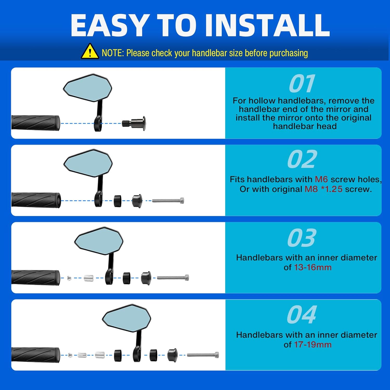 DREAMIZER Motorcycle Bar End Mirrors Black CNC Bar End Mirrors for Motorcycles Compatible with Honda Kawasaki Suzuki Scooter and More (Blue Glass Lens)