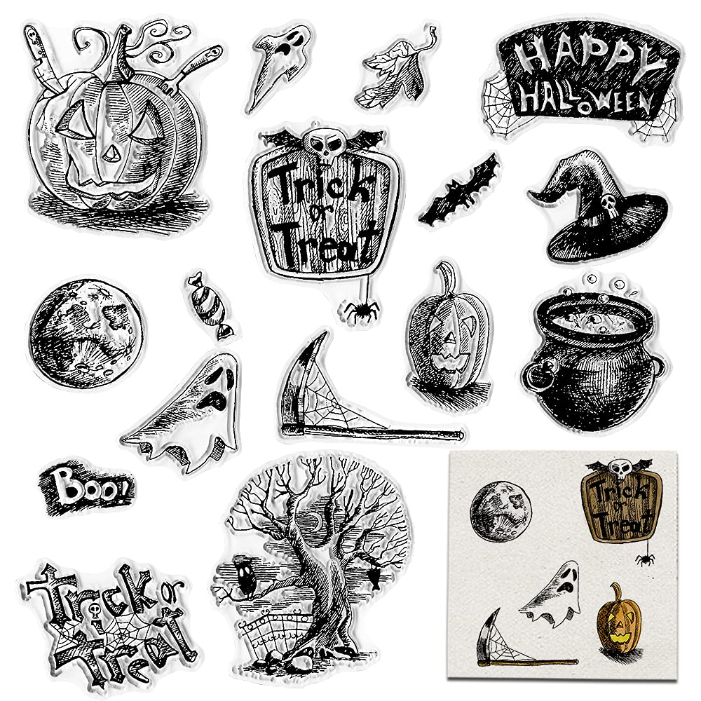 Halloween Ghost Tree Pumpkin Clear Stamps for Card Making Decoration DIY Scrapbooking, Halloween Words Transparent Rubber Seal Stamps for Photo Card Album Crafting Supplies.