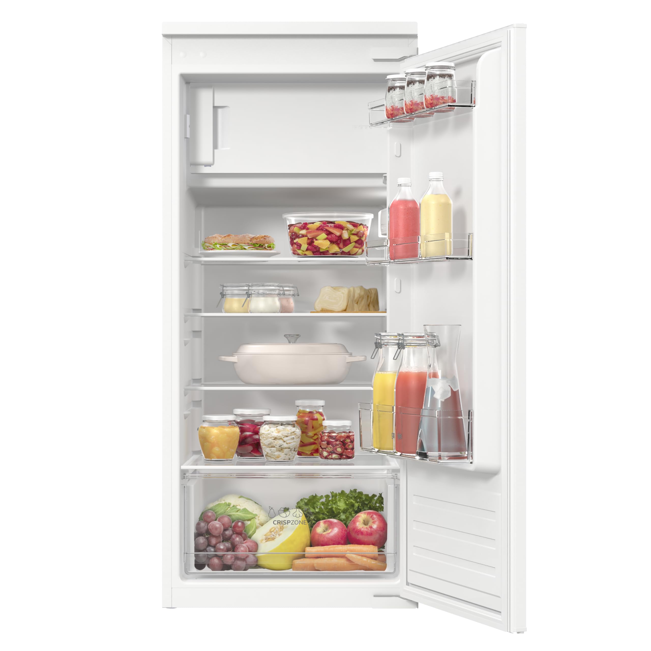 Gorenje RBI512E21 EinbauTischkühlschrank mit Gefrierfach, 122cm Nische, Schlepptürscharnier, 179L(163L plus 16L), Inverter, CrispZone, Türalarm, LED Licht, BxHxT: 54×122,1×54,5 cm, Weiß