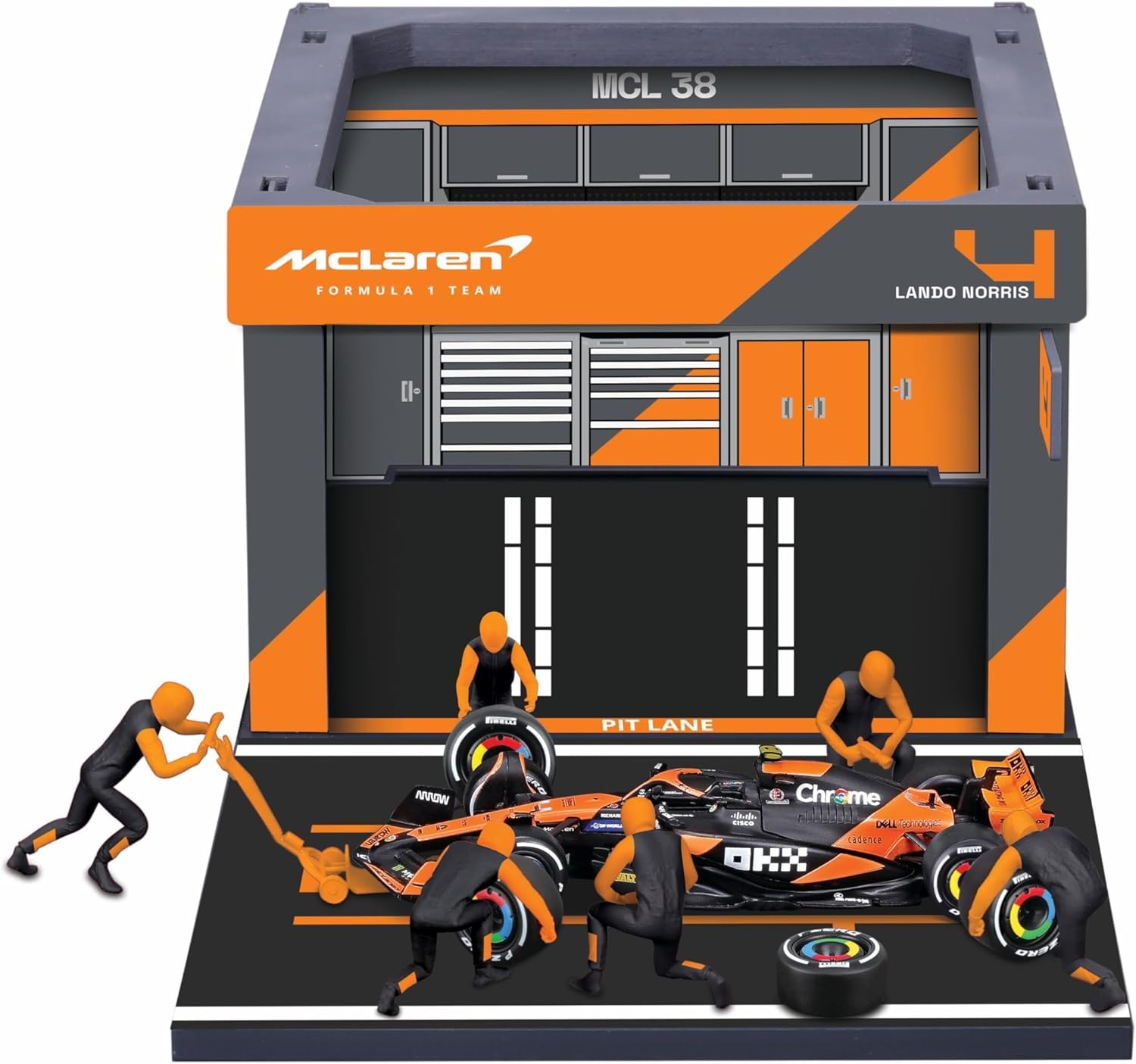 Bburago 1:43 Scale 2024 Formula Race McLaren MCL38 Pit Pass Paddock Set, Norris #4