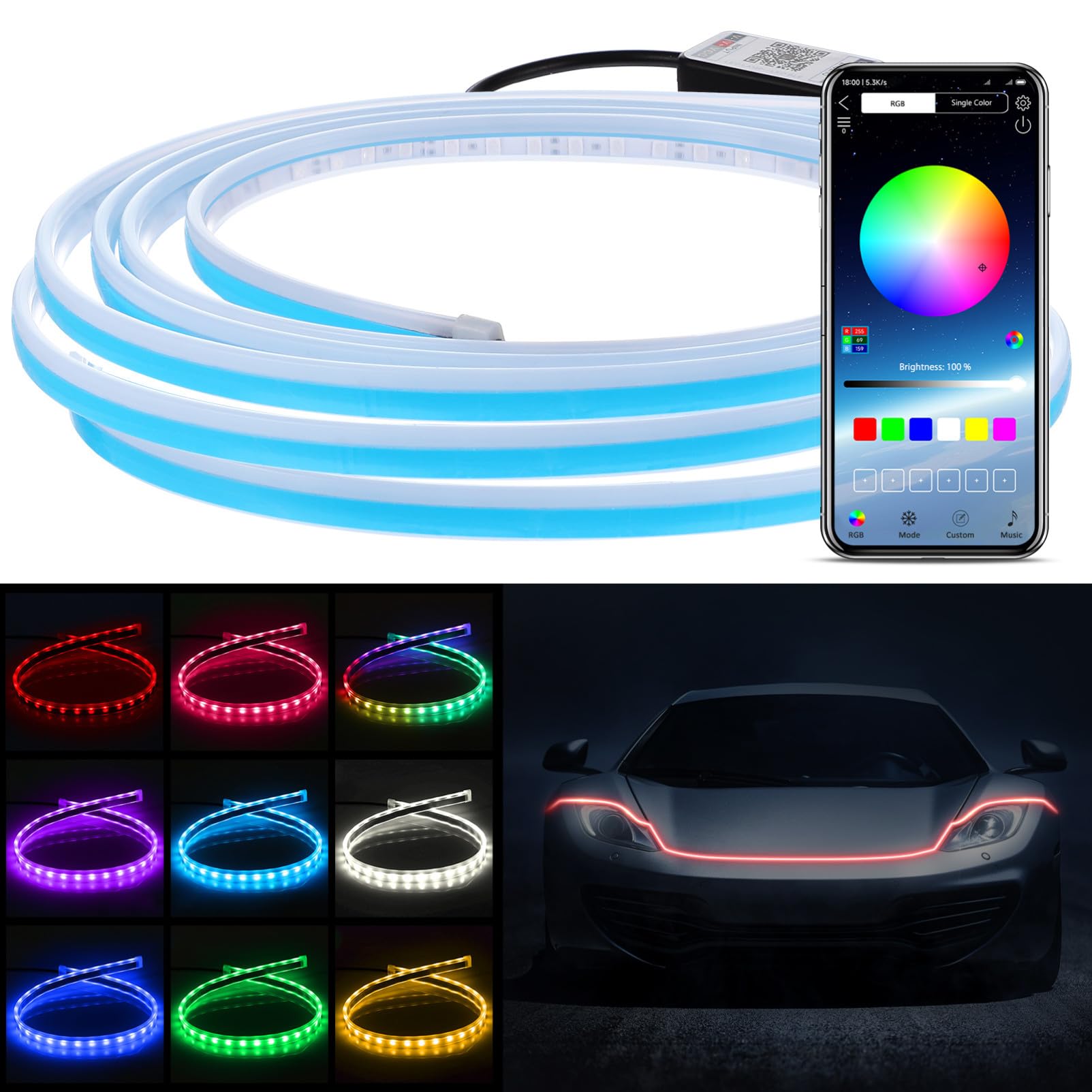 Tira de Luces LED Rgb para Capó de Coche 180cm de Silicona | Control por Aplicación, Color Cambiante, para Conducción Nocturna, Instalación Sencilla