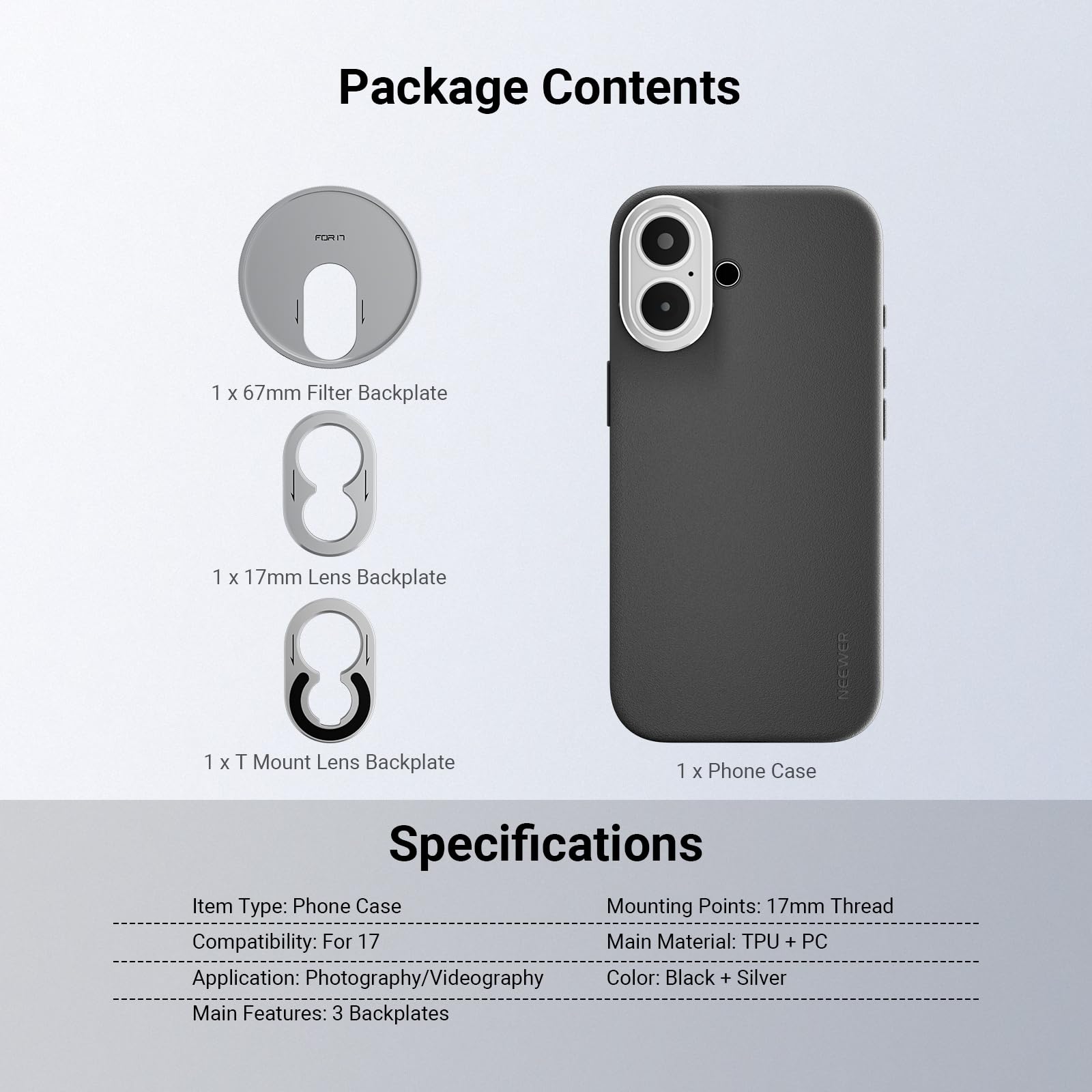 NEEWER Etui na telefon dla 17 sam, telefon komórkowy Modułowy futerał ochronny TPU/PC z filtrem pierścieniowym 67 mm, płyta tylna obiektywu 17 mm, adapter do montażu obiektywu T kompatybilny z