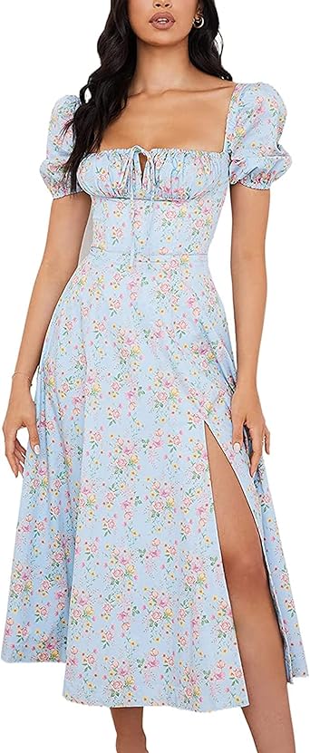 Floral Boho Dress Puff Short Sleeves 