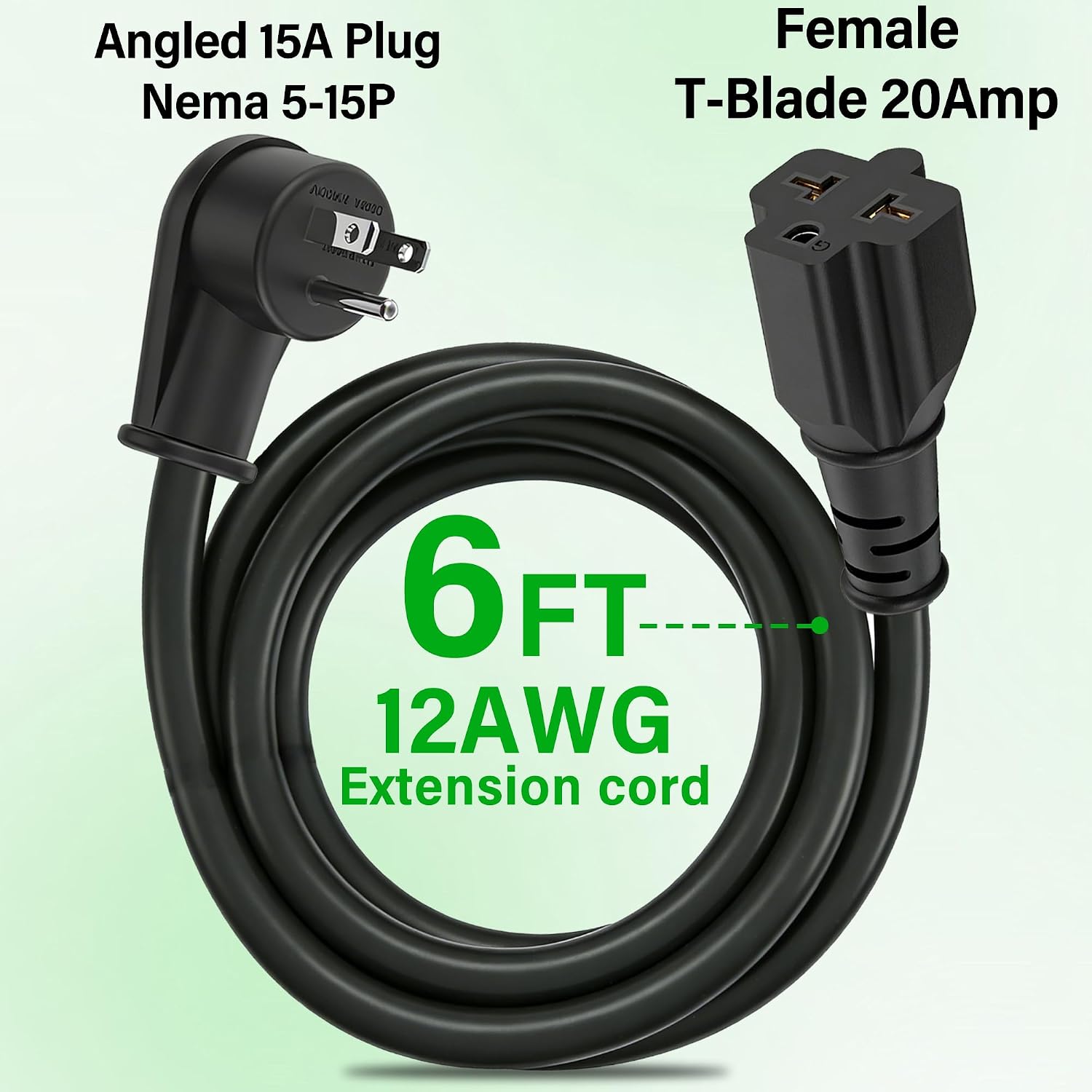 Heavy Duty 15 Amp to 20 Amp Plug Adapter Cable, 12AWG Right Angle NEMA 5-15P to 5-20R/6-15R/6-20R T Blade 125V/250V Power Cord for Home Workshop Garage(6Ft)
