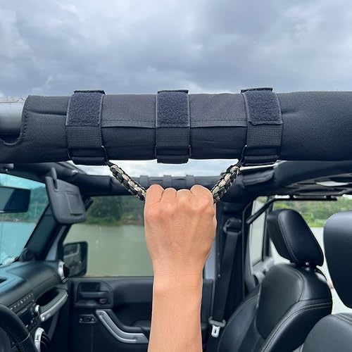Miniatura 25 de Asas de agarre de barra antivuelco para Jeep, asas de agarre de cuerda de paracaídas compatibles con Jeep Wrangler YJ TJ JK JL & Gladiator JT Negro