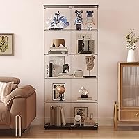 Lockable 5-Shelf Glass Display Cabinet, 5mm Tempered Glass Bookshelf with Double Doors, 72x32x14in Black Floor Standing for Living Room Office