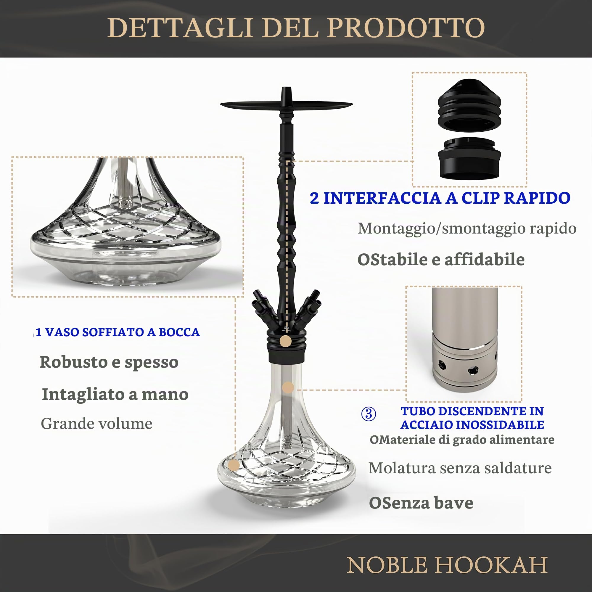 NOBLE HOOKAH Narghilè Completo 100cm Shisha, con Molasses, Tubi 150cm, Accessori Narghilè Pinze Carbone Testa con 4 Tubi, 4 Connettori, 4 Bocchini