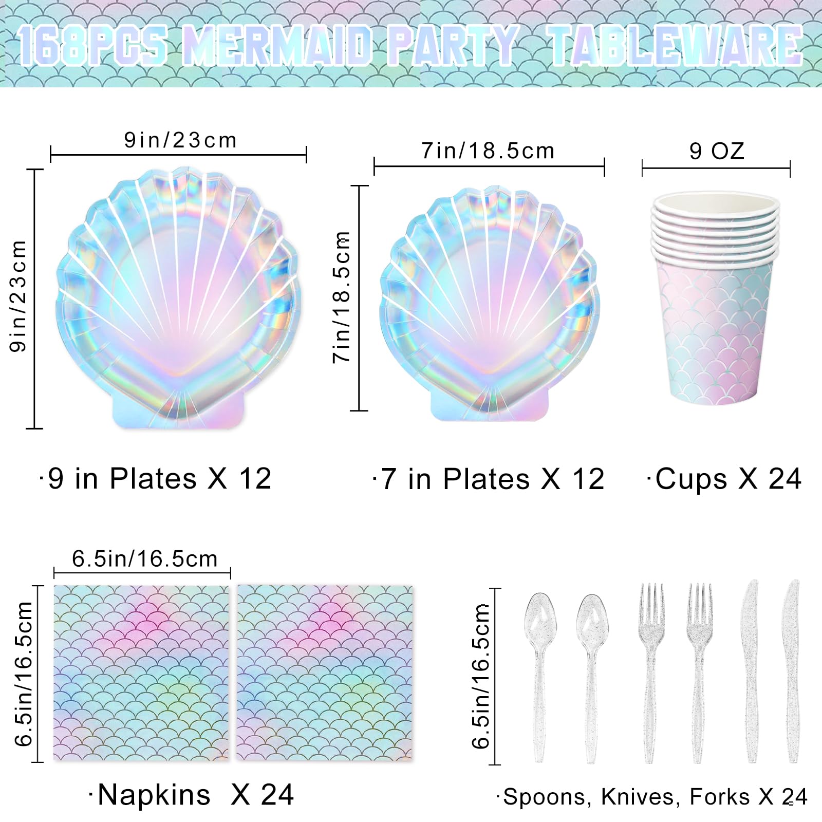 QIYANPAX 144 Pcs Mermaid Party Supplies Mermaid Birthday Decorations Includes Plates Napkins Cups Cutlery for Under the Sea Party Decorations, Serve 24