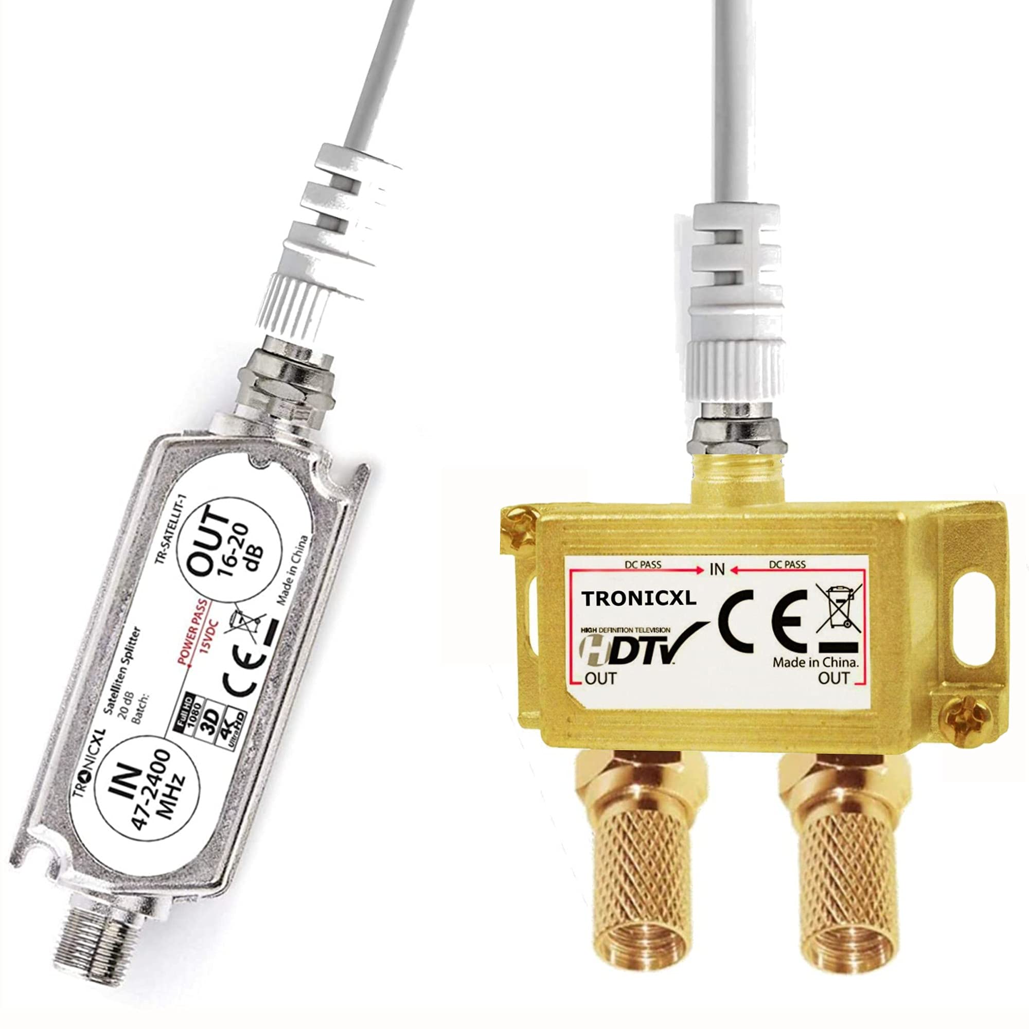 TronicXL Premium 2-Fach Antennenverteiler Splitter mit Sat Verstärker digital HD I für Satellit TV DVBT DVBS Unicable 3D 4K HDTV I Verteiler Weiche Inline für 2 Fernseher