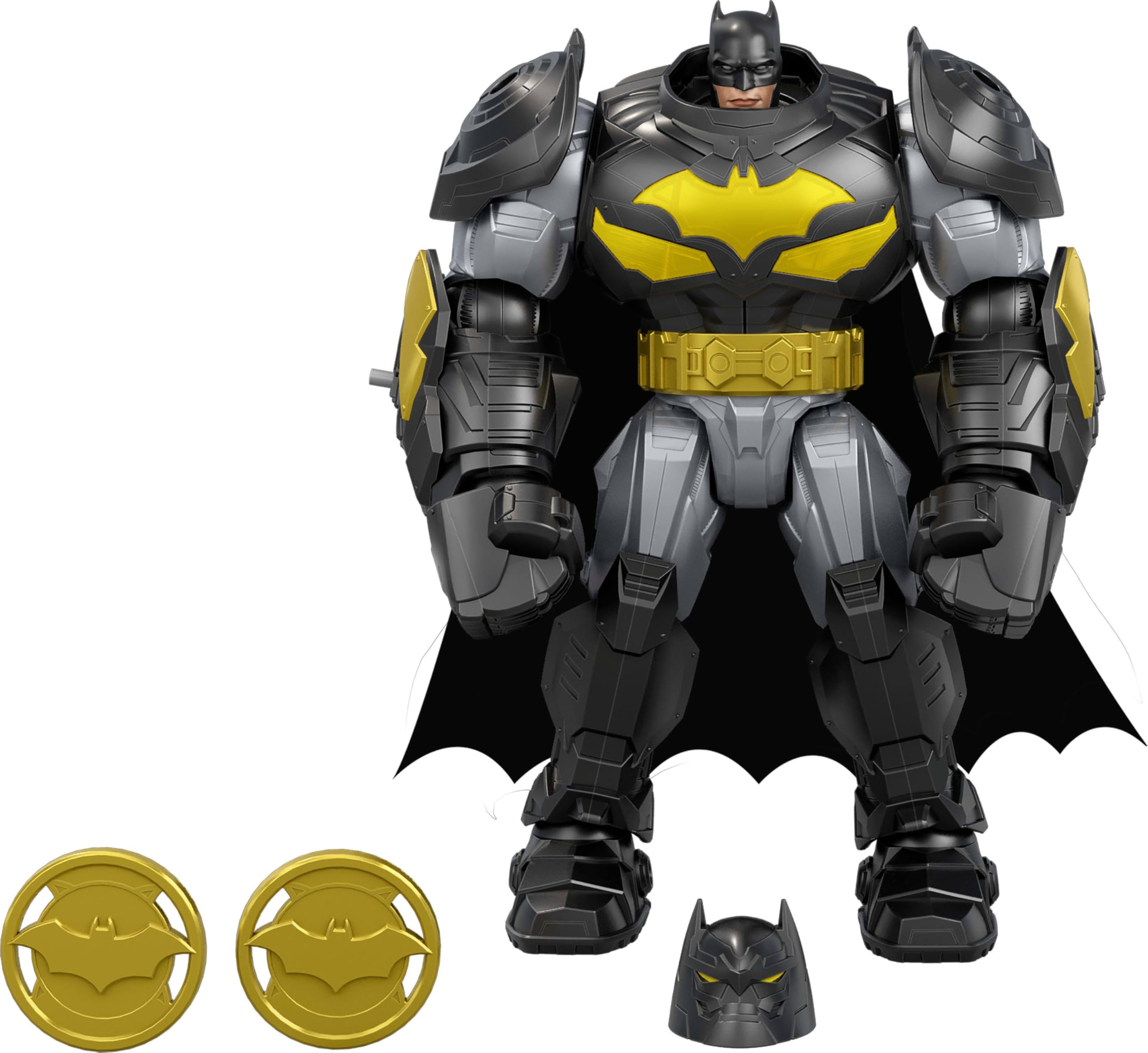 Mattel DC Premier - Batman figurka ze światłami i 8 różnymi dźwiękami, nosi ponadwymiarową zbroję robota z akcesoriami, w tym wyrzutnią pocisków i dyskami bojowymi, JMP84