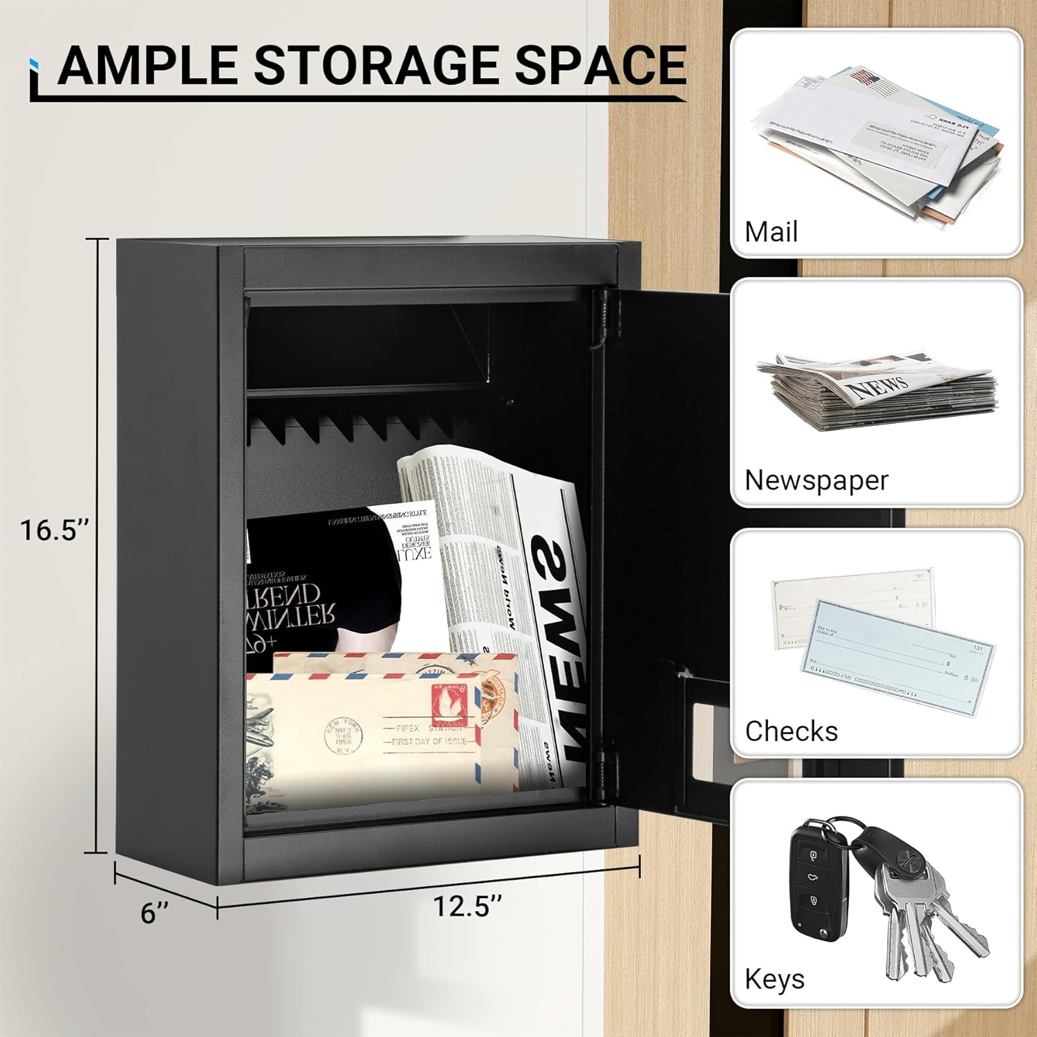 Through The Wall Drop Box with Combination Lock, 16.5" x 12.5" x 6" Adjustable Chute Deposit Safe Mail Box Black, Rainproof Mail Slots Walls Thickness 2.8” to 7.9” for Home Office Apartment