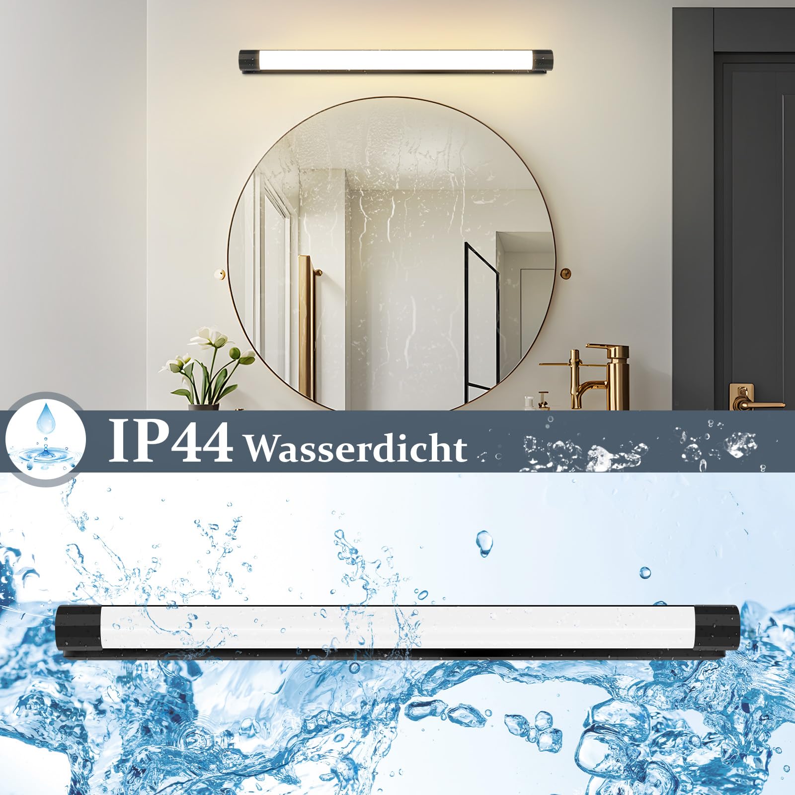 Homefire Lampada a LED per specchio da bagno 50cm 10W Lampada per | specchio da bagno Nero 3000K Impermeabile IP44 Lampe da parete moderna Applique per corridoio Soggiorno Armadio