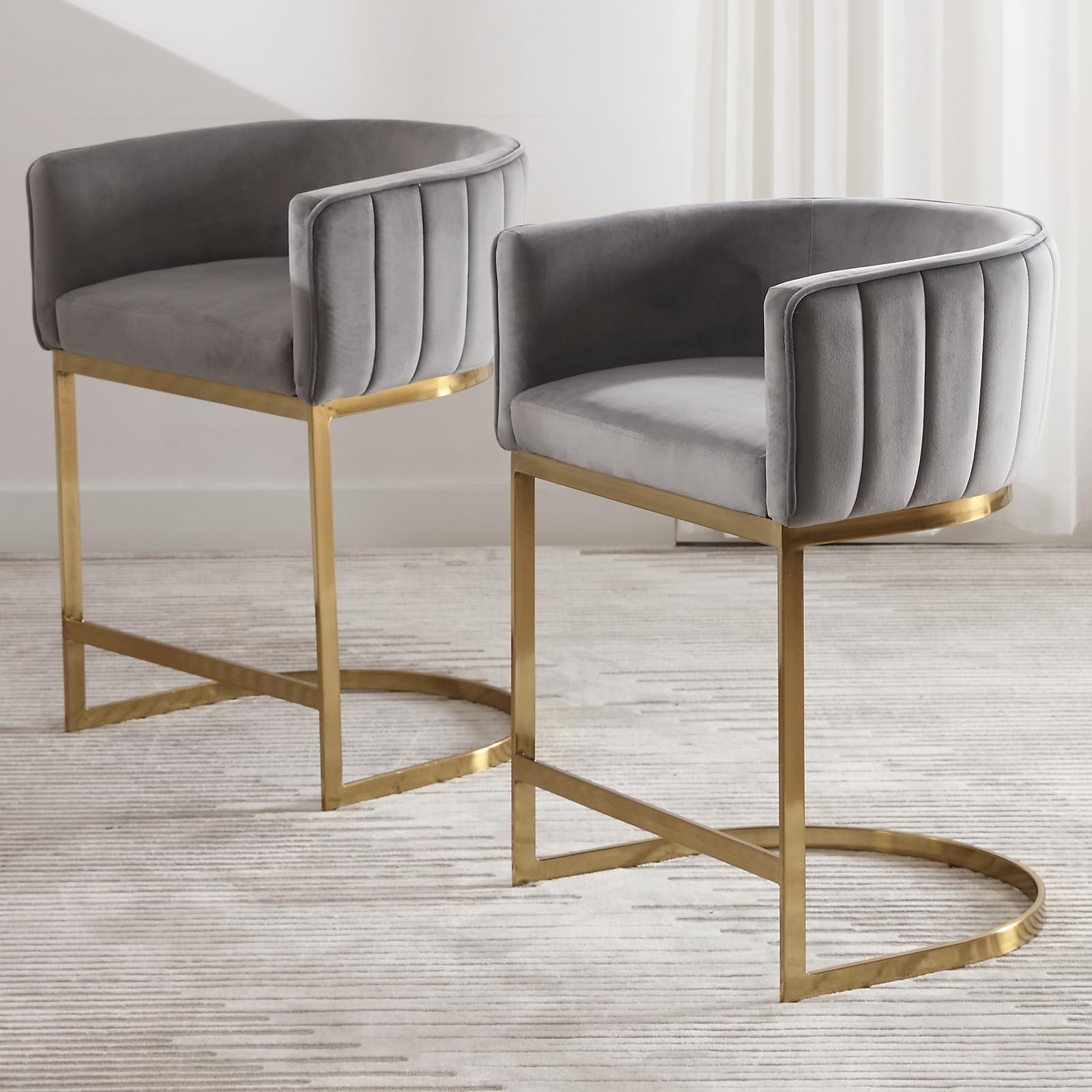 LZAREAL Modern Counter Height Bar Stools Set of 2, Velvet Upholstered Stool with Gold Metal Frame, 24 Inch Kitchen Island Stool for Home Bar &Dining