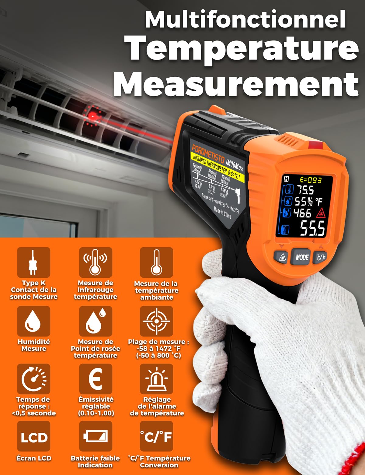 4 en 1 Thermomètre infrarouge professionnel POROMETISTO, 4 réglages d'alarme de qualité industrielle, -50 °C à 800 °C pyromètre laser thermometre infrarouge numérique avec sonde K et écran LCD couleur