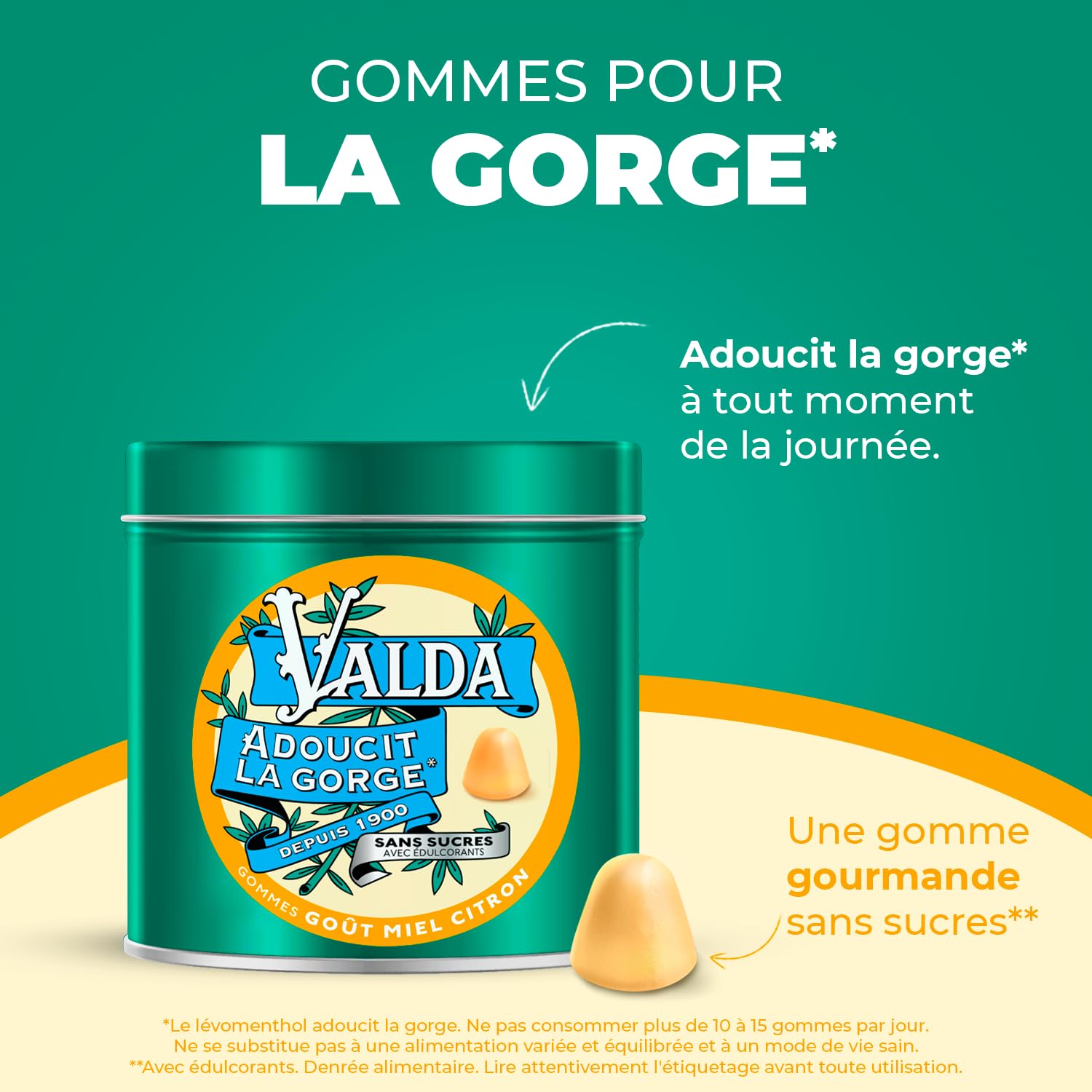 Valda Gommes Sans Sucres avec Edulcorants Goût Miel Citron Adoucit la gorge 140 g