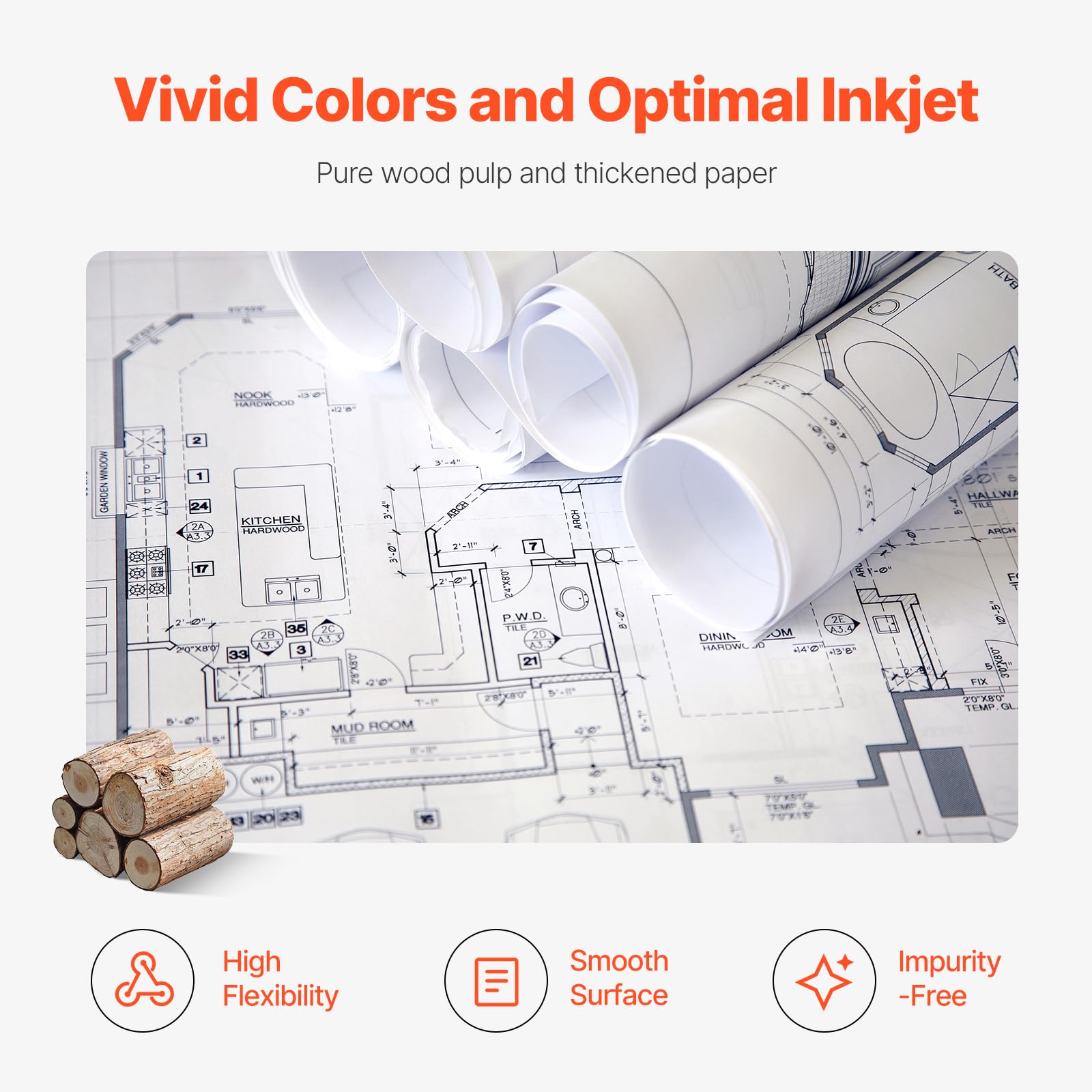 VEVOR Papel Bond CAD, 80 g/㎡, Ancho 609,6 mm, Longitud 152,4 m, 2 Rollos, Núcleo 76,2 mm, para Trazador, Dibujos CAD, Planos de Ingeniería, Blanco