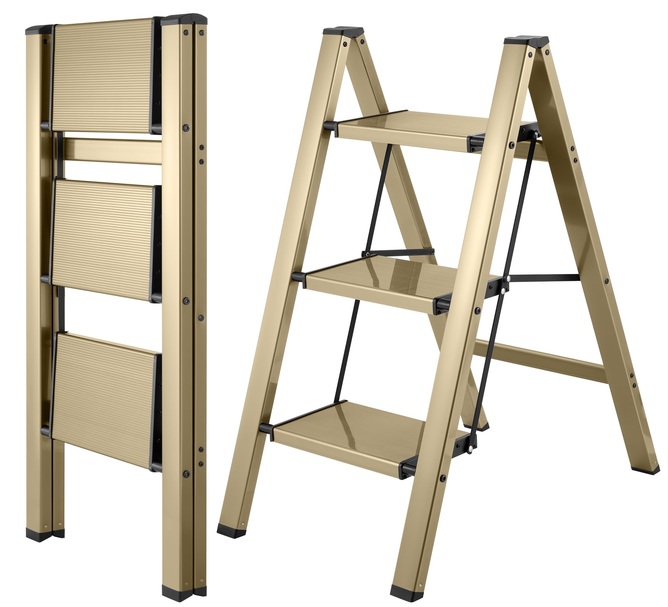 Bibkoke Champagne Gold Finish Step Ladder Folding 3 Step Ladders Aluminum,Tripod Anti-Slip For Home & Kitchen Office 330 Lbs