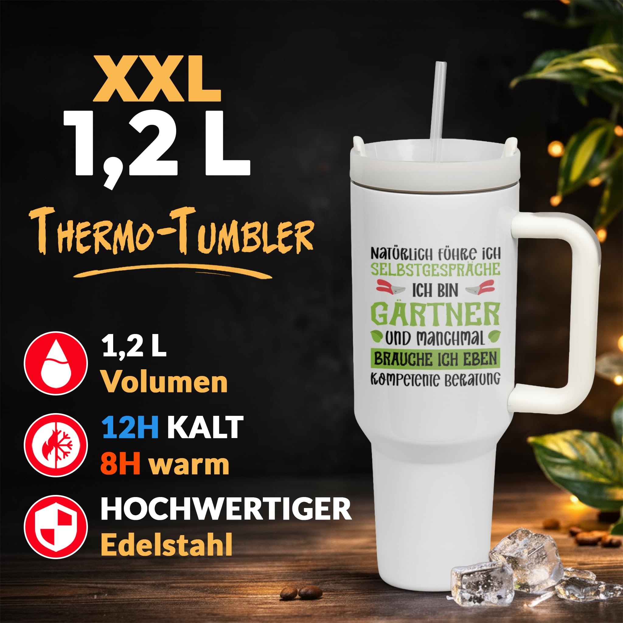 XXL Thermobecher Geschenk für Gärtner – Lustiges Geburtstagsgeschenk & Vatertag – Edelstahl Trinkflasche, Weiß mit Selbstgespräche Spruch (WIEDERVERWENDBAR)