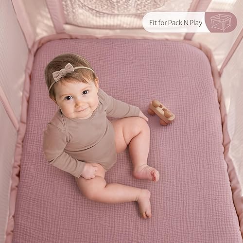 Vista 140 de Blissful Diary Sábanas de muselina para cuna, paquete y juego, sábanas ajustadas para Pack N Play, algodón suave para niños y niñas, paquete de 2