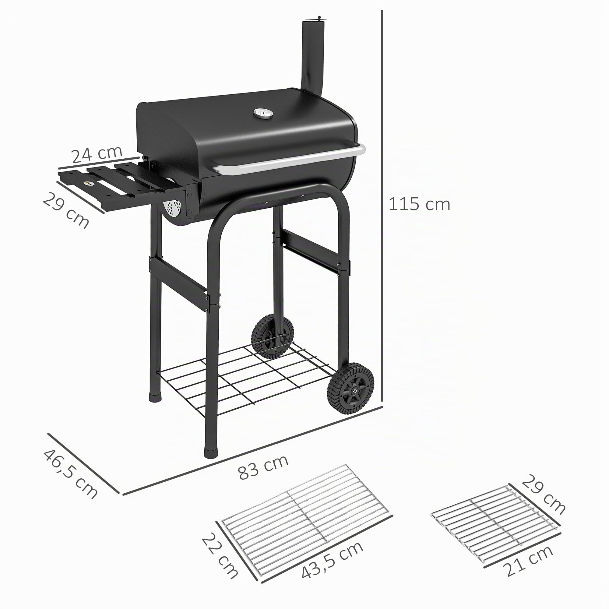 Outsunny Holzkohlegrill Grillwagen mit Deckel Ablagen Campinggrill Schwarz | Mit Rädern, Thermometer, Schornstein, für Camping Garten, Edelstahl