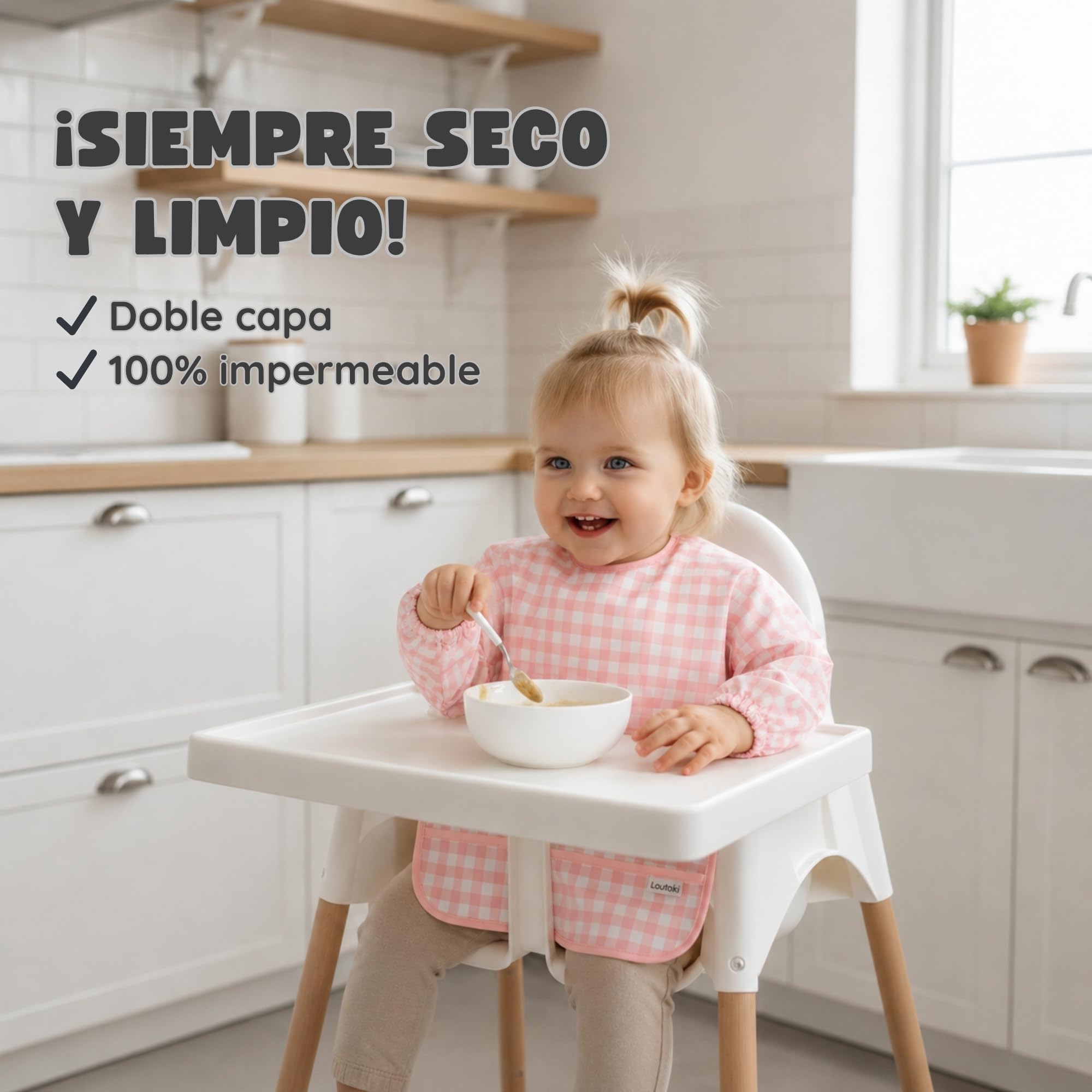 Baberos Bebé Impermeables con Mangas + Bolsita de Transporte - Babero BLW para Bebé 12–36 Meses - Doble Capa 100% Impermeable - Puños Elásticos y Bolsillo Canguro - Fácil de Limpiar