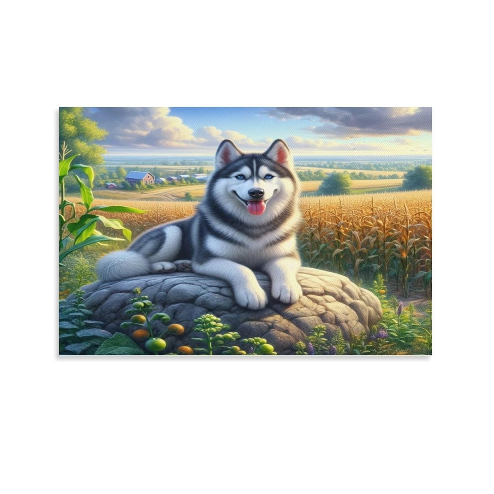 CPLVKWRQJ Siberian Husky Dog 1 Piece Husky Rests on Rock Beside Crop Fields Framed Canvas Art - Bedroom Wall Hanging Easy to Clean Space Transformer Decor 20x30inch(50x75cm)